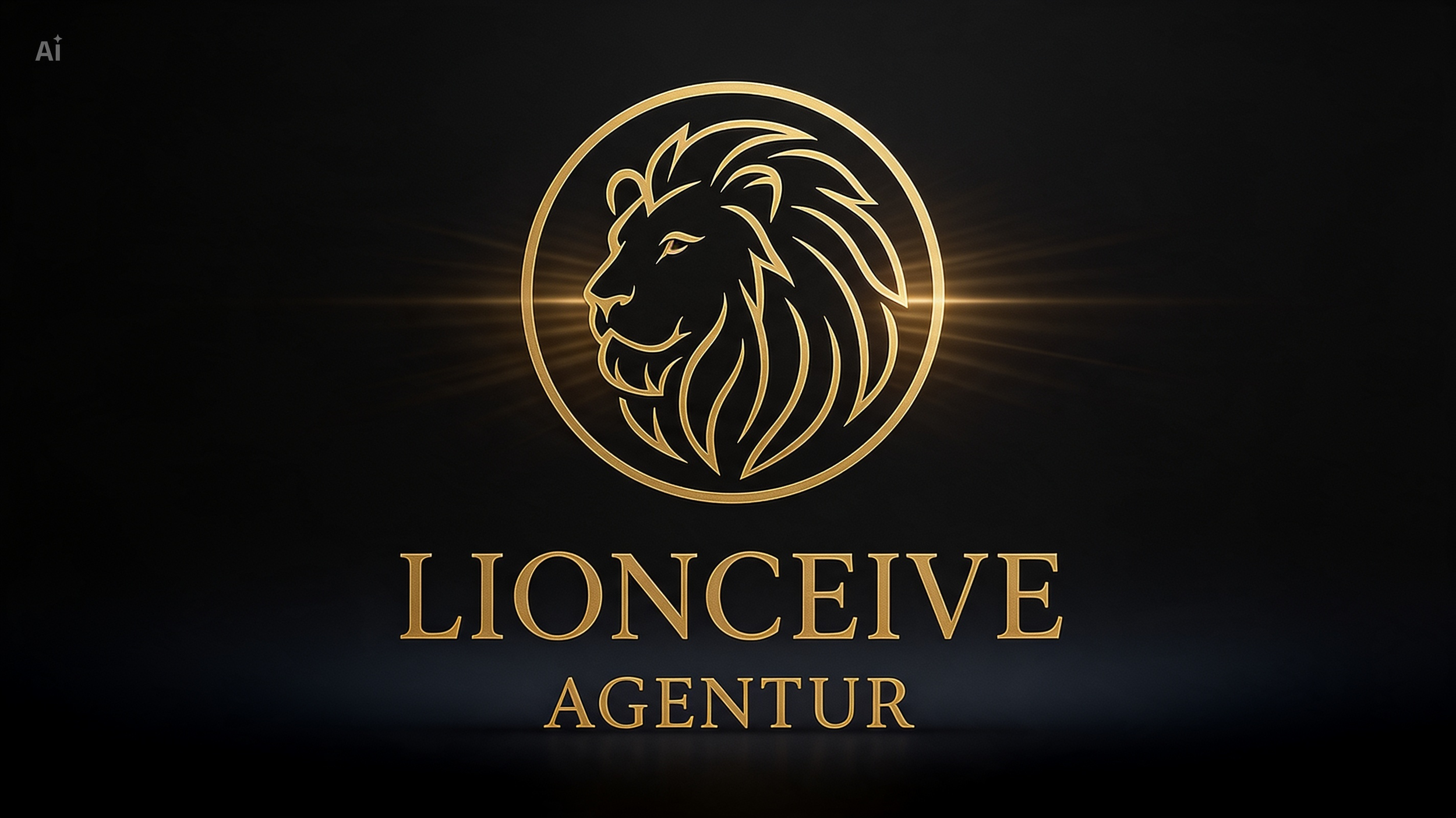 Goldene Löwen-Silhouette im Kreis auf schwarzem Hintergrund, darunter der Text 'LIONCEIVE AGENTUR' in goldener Schrift.