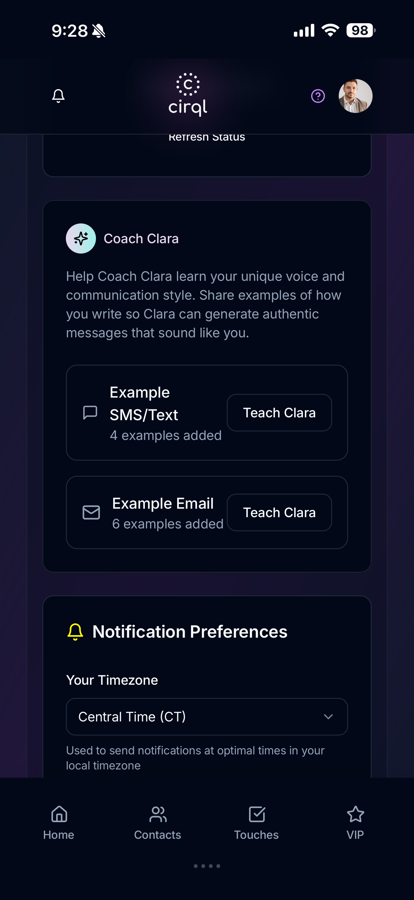 Screenshot of a mobile app interface named cirql that helps users train a virtual coach named Clara to learn their voice and communication style, featuring options to add examples of SMS/Text and Email messages, and notification preferences including
