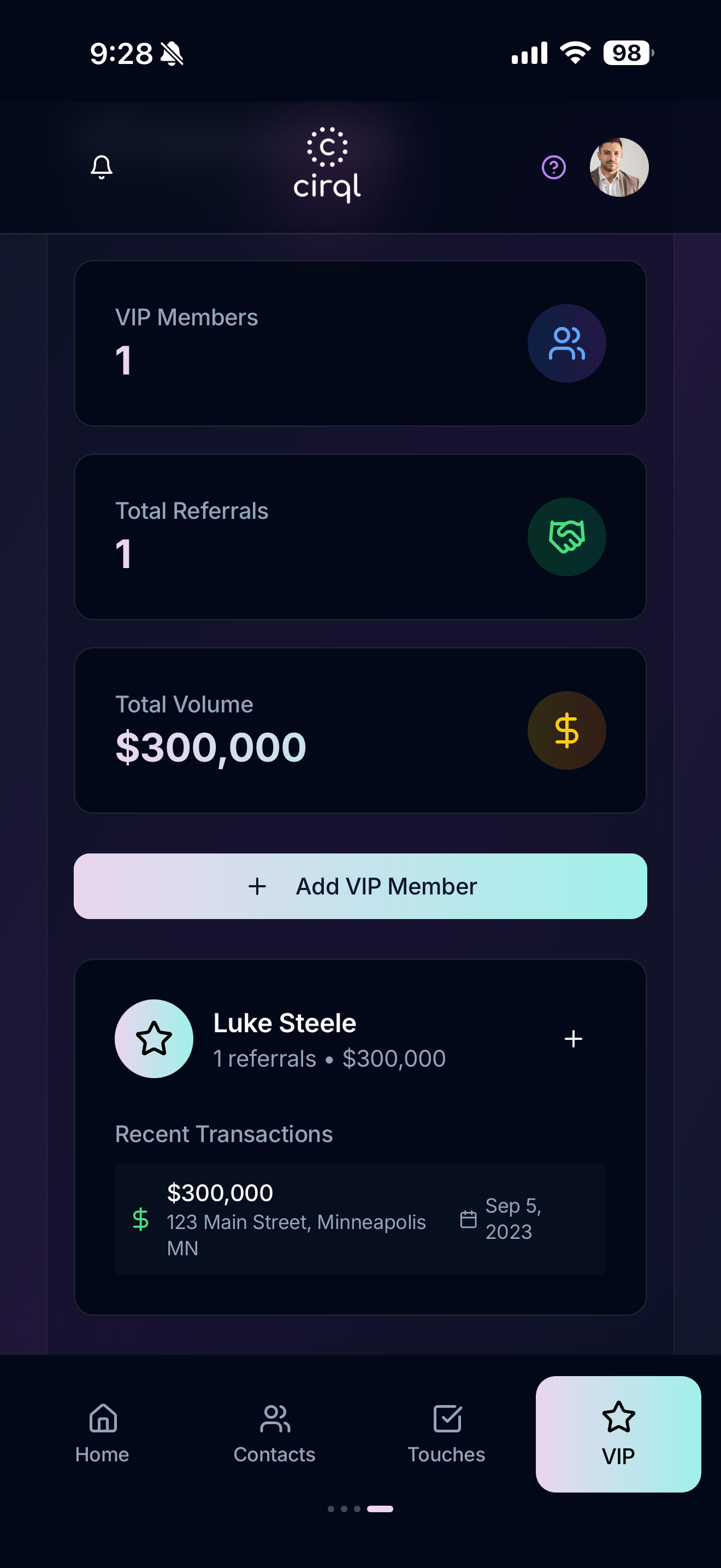 Mobile app dashboard showing VIP membership info, total referrals, total volume of $300,000, recent transaction of $300,000 at 123 Main Street, Minneapolis, MN, with navigation menu at the bottom including Home, Contacts, Touches, and VIP tabs.