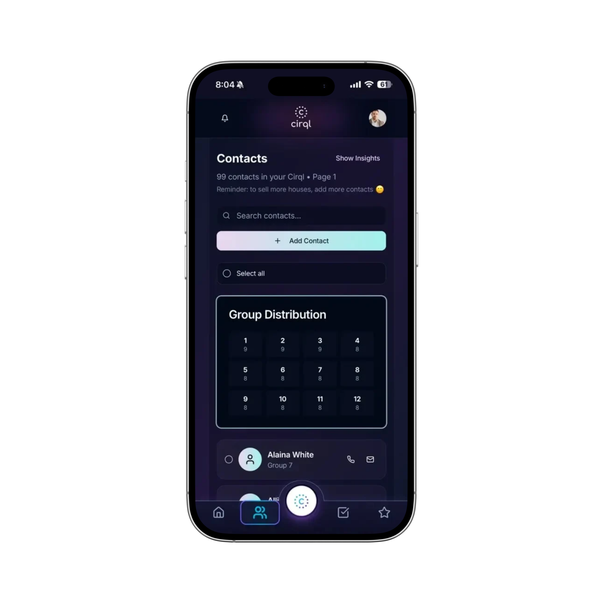 Smartphone screen displaying a contacts management app with a dark-themed interface, showing options to add contacts, group distribution section, and a contact named Alaina White, with icons at the bottom for navigation.