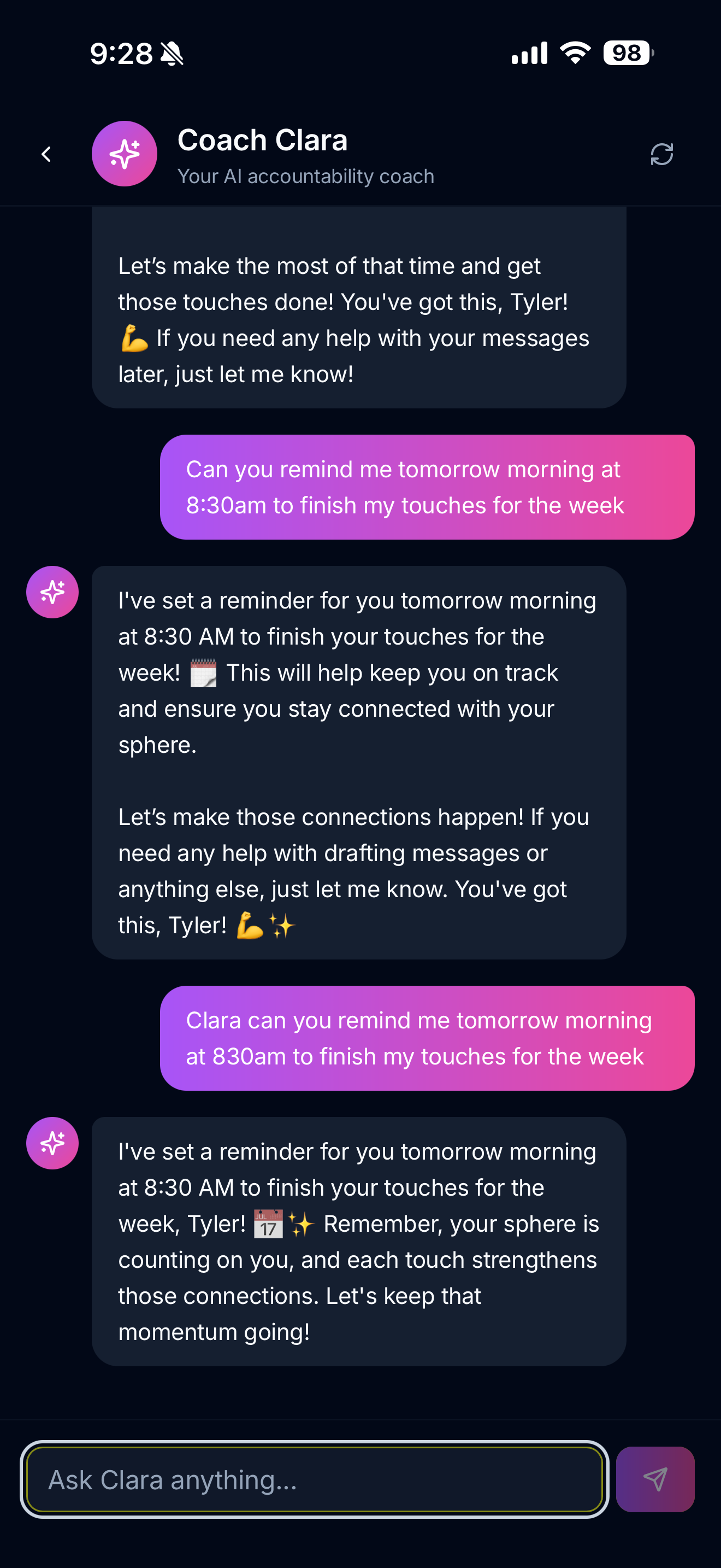 Screenshot of a messaging app conversation between a user and Coach Clara, an AI accountability coach, discussing setting a reminder for finishing touches for the week at 8:30 AM.