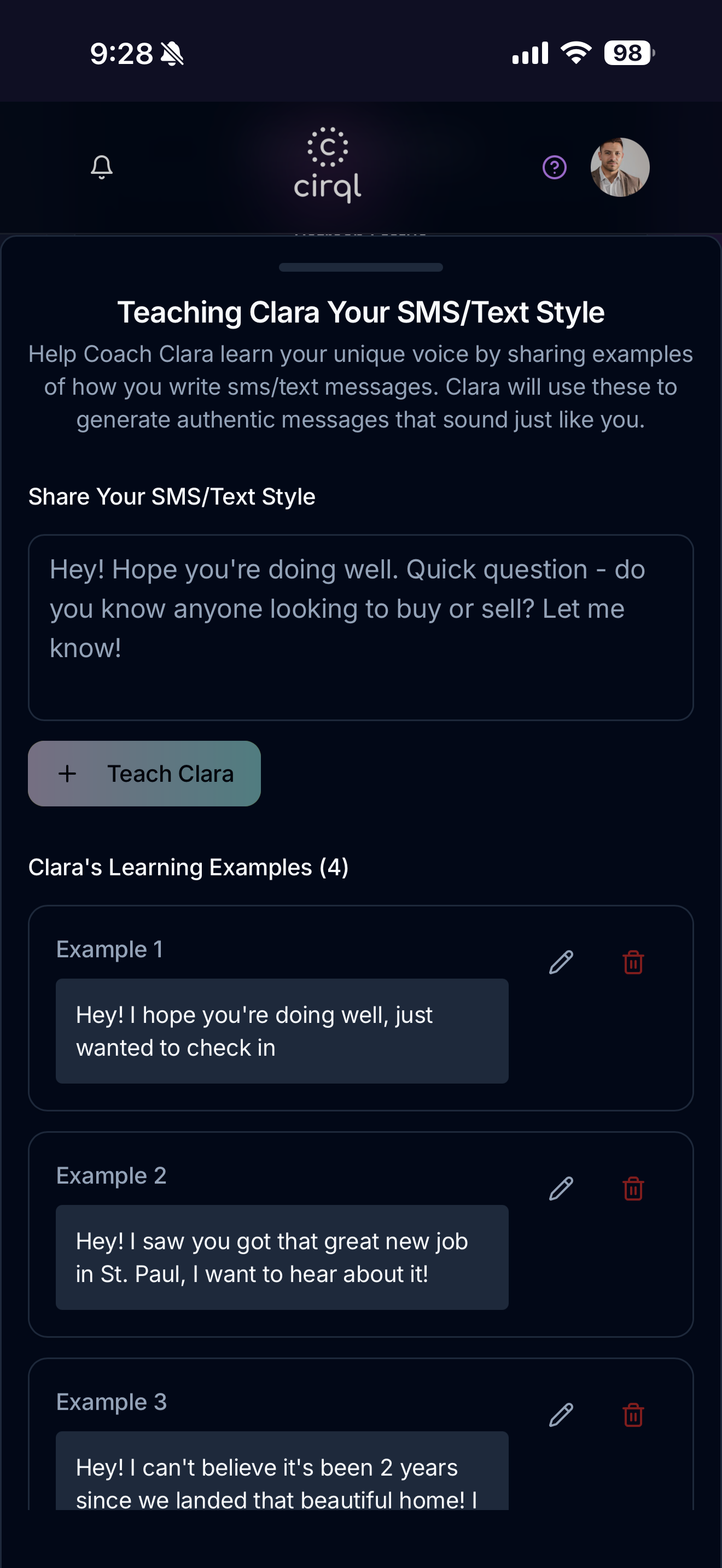 Mobile app screen showing a coaching interface for teaching SMS/text style with examples of messages and editing options.