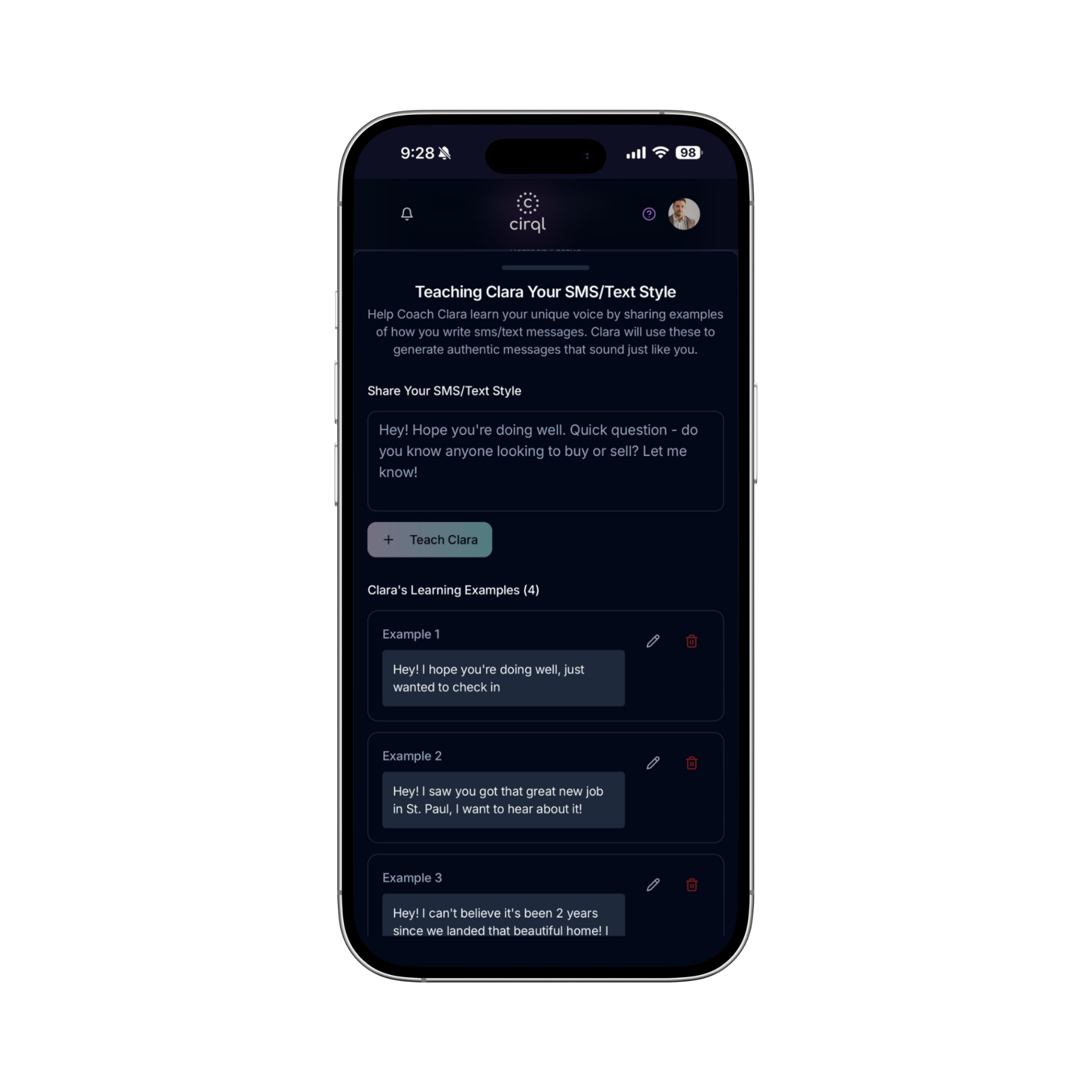 Smartphone screen displaying an app interface for teaching SMS/text style, showing example messages and editing options.