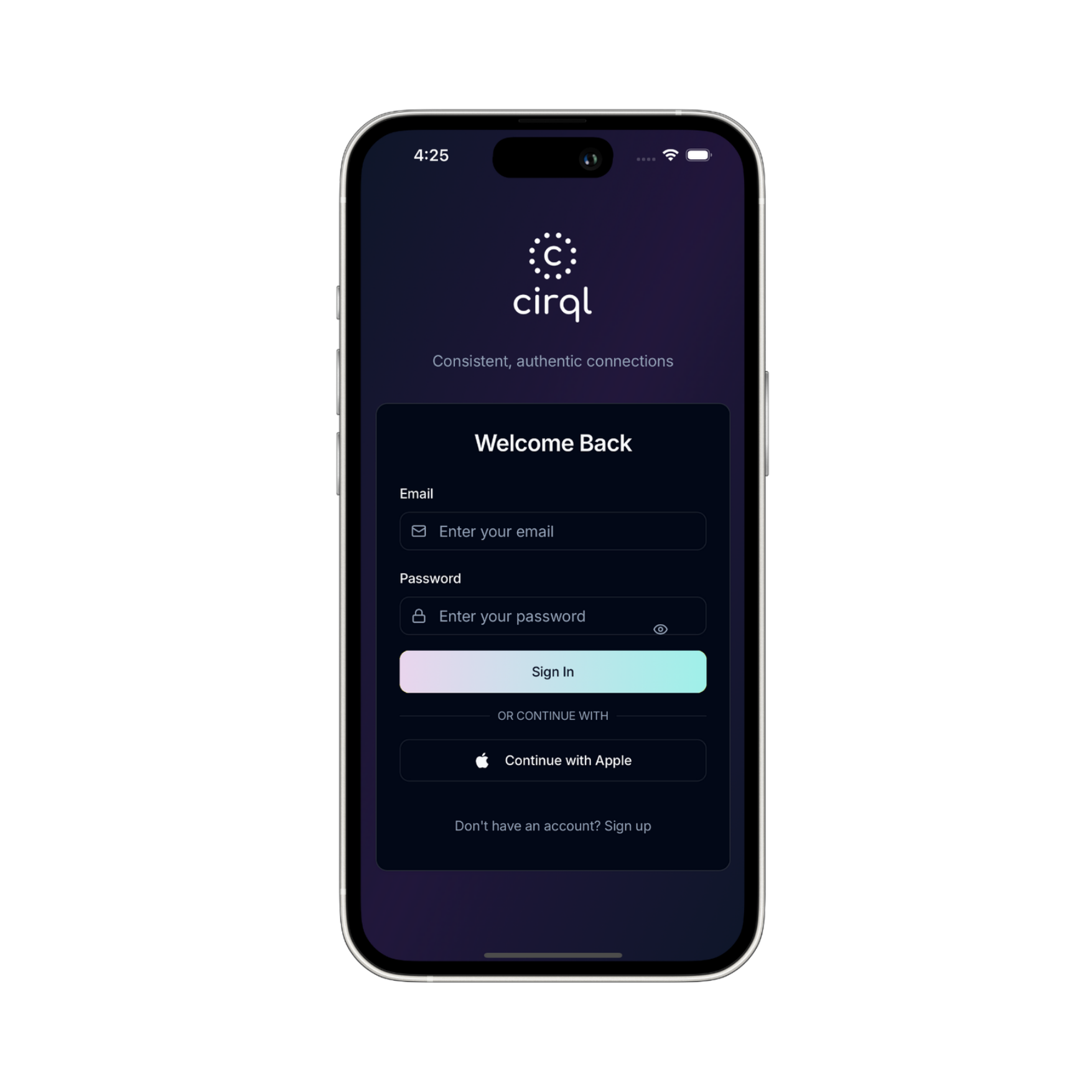Mobile phone screen displaying the login page for the cirql app, with options to enter email and password, sign in, or continue with Apple, set against a dark background.