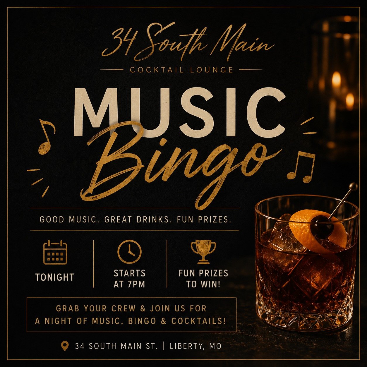 Looking for something to do tonight? 🎶

Grab your friends and join us for Music Bingo at 34 South Main! Great drinks, good music, and a fun twist on bingo make for the perfect midweek night out.

🗓️ Tonight
🕖 Starts at 7 PM
📍 34 South Main Cockta