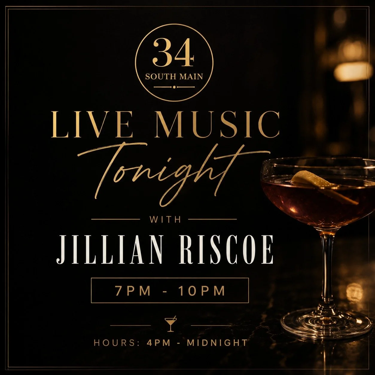 Your Saturday plans just got easier.

Pull up a seat, grab your favorite cocktail, and enjoy live music from Jillian Riscoe tonight from 7&ndash;10 PM. Whether you&rsquo;re meeting friends or just looking for a great place to unwind, we&rsquo;ve got 