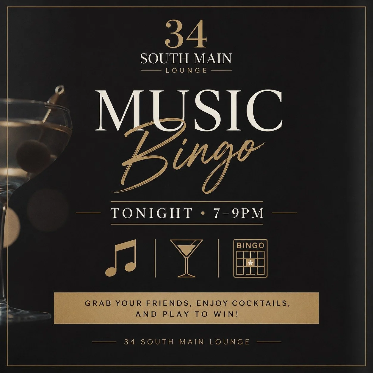 Think you know your music? 🎶 Join us tonight at 34 South Main for Music Bingo from 7&ndash;9 PM. 

Grab your friends, enjoy your favorite cocktails, and see if you can complete your card before everyone else. It&rsquo;s the perfect way to spend a We