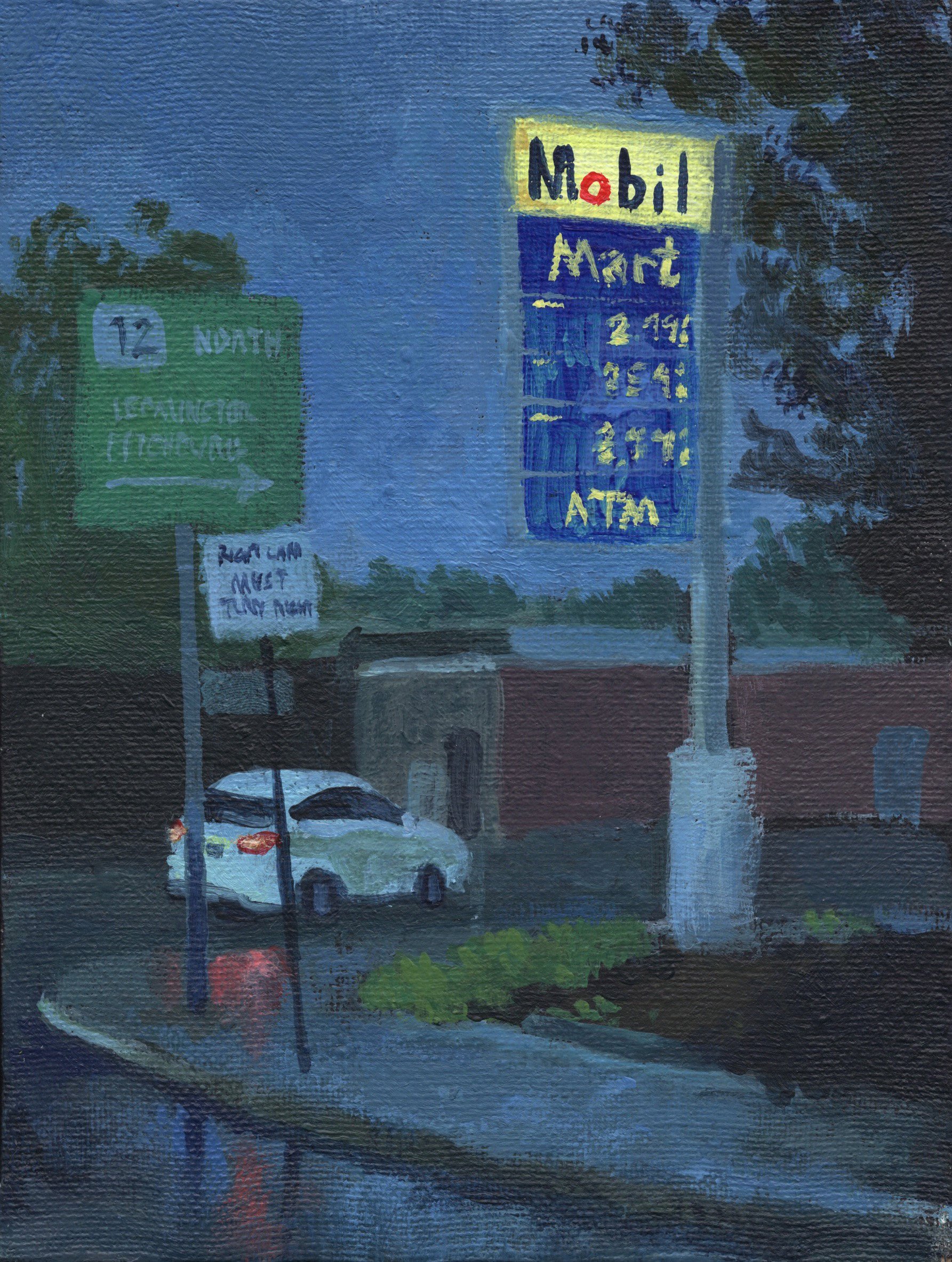 "Mobil Station Night Rain," Acrylic on canvas, 6"x8", 2026 (sold)