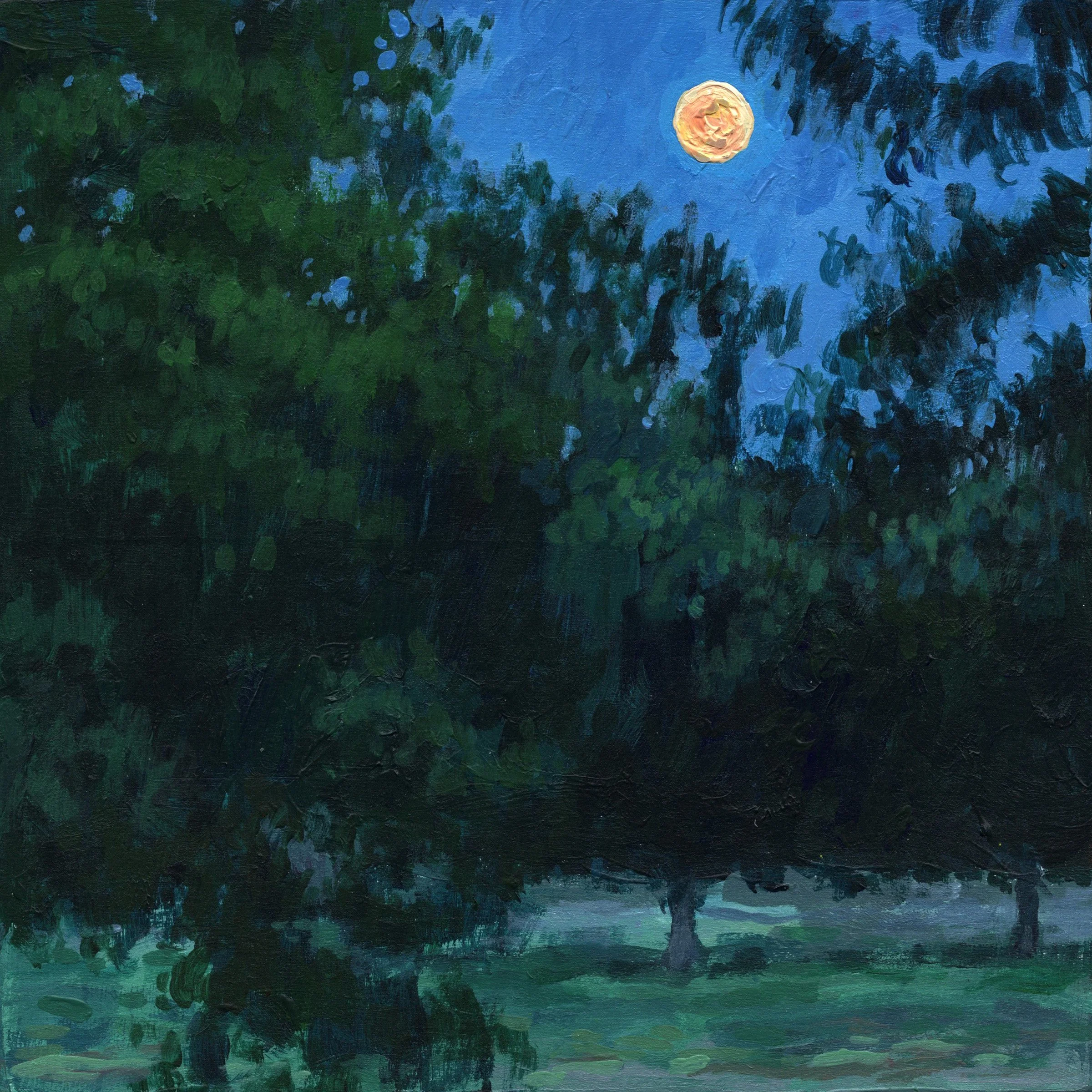 "July Moonlight, Institute Park," Acrylic on wood, 8"x8", 2026