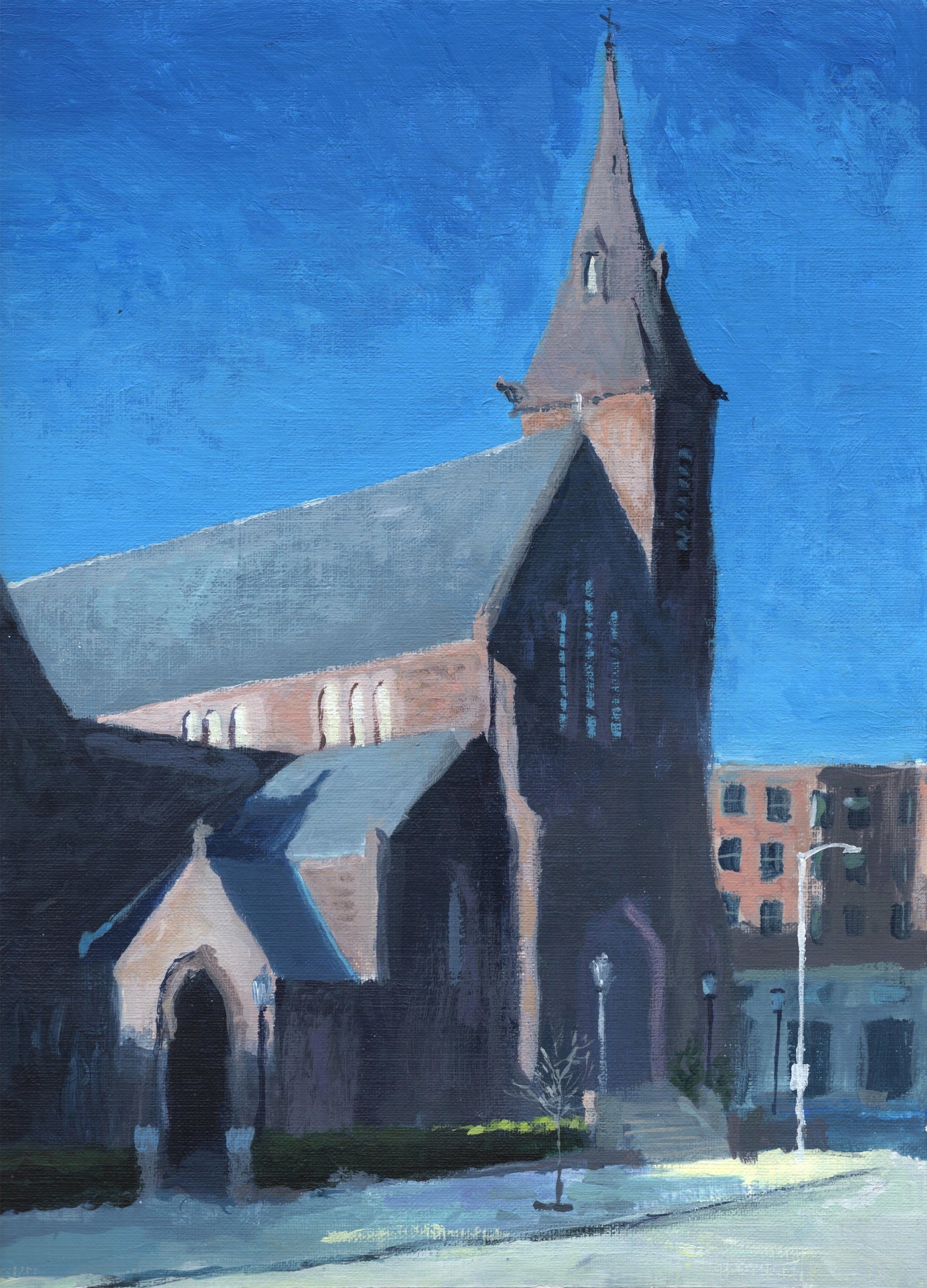"All Saints Church," Acrylic on canvas paper, 9"x12", 2025