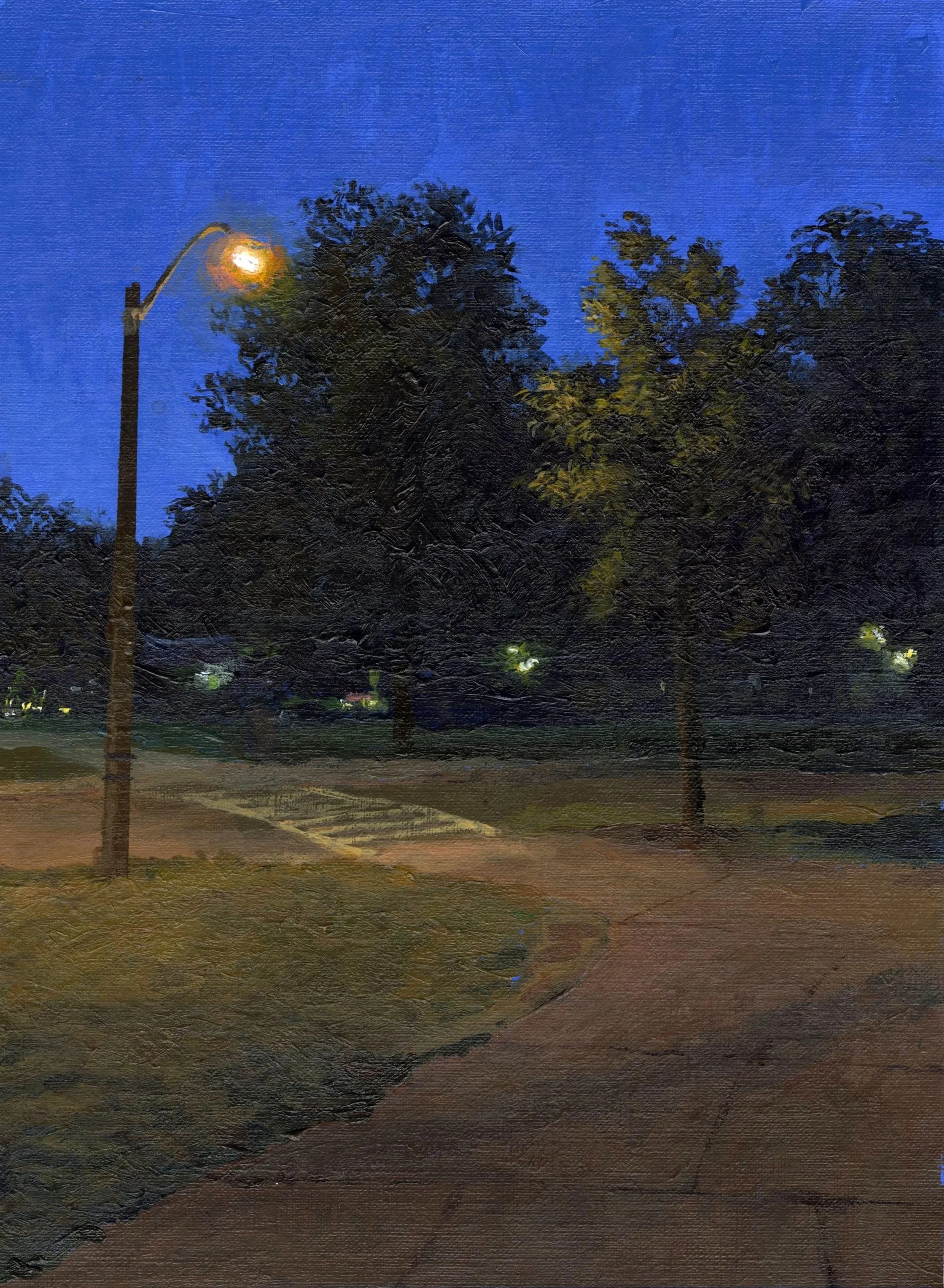 "Blue Hour Over Evans Way," Acrylic on canvas paper, 9"x12", 2024