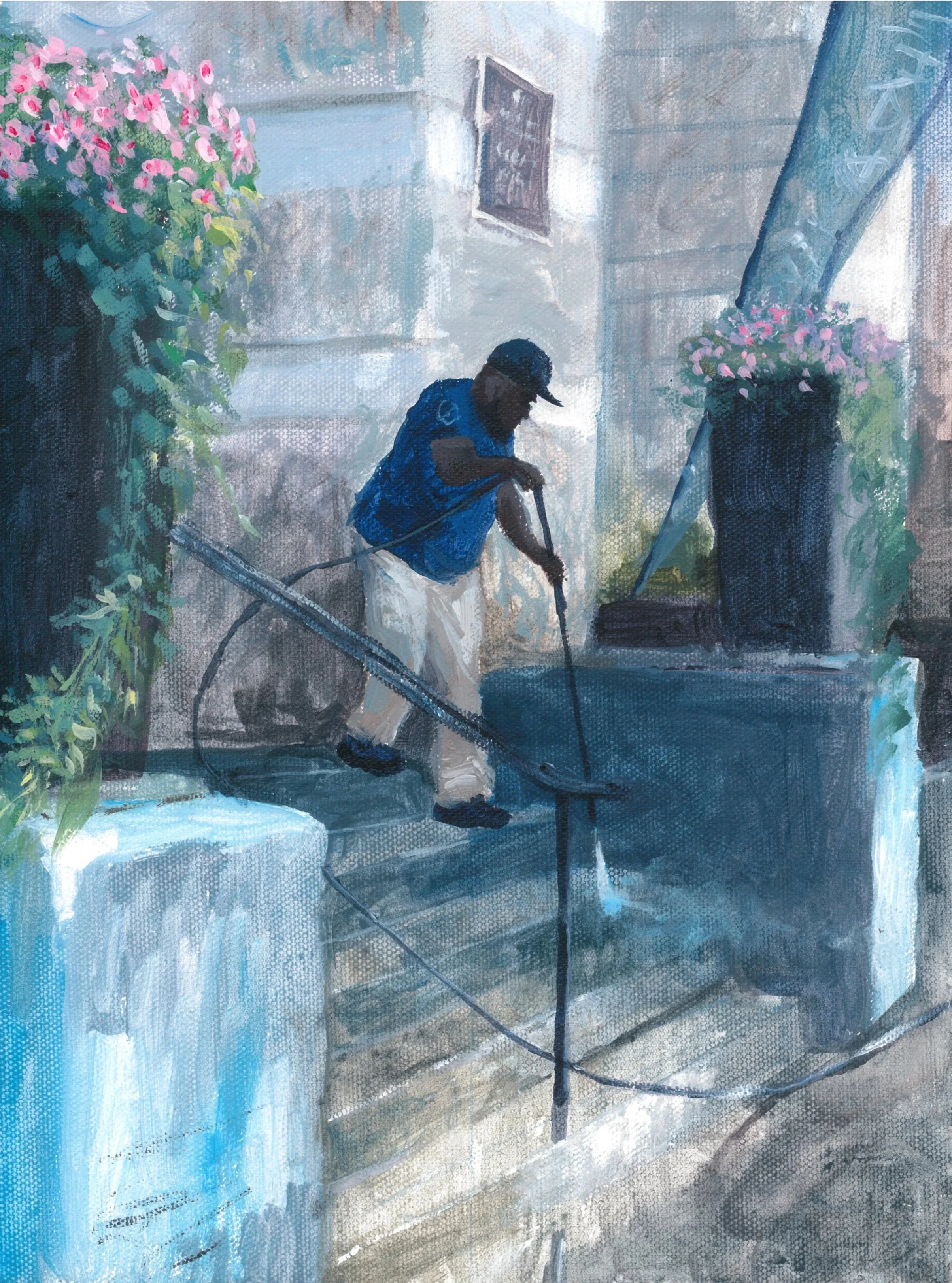 "Power washing Franklin Street," Acrylic on canvas, 9"x12", 2024 (sold)