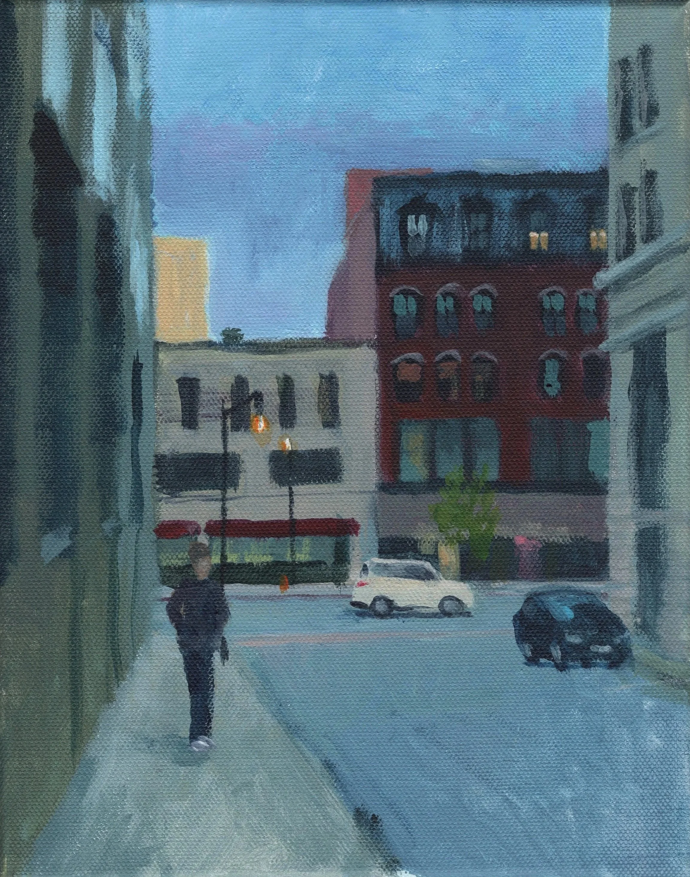 "Elm Street, Dusk," Acrylic on canvas, 8"x12", 2024 (sold)