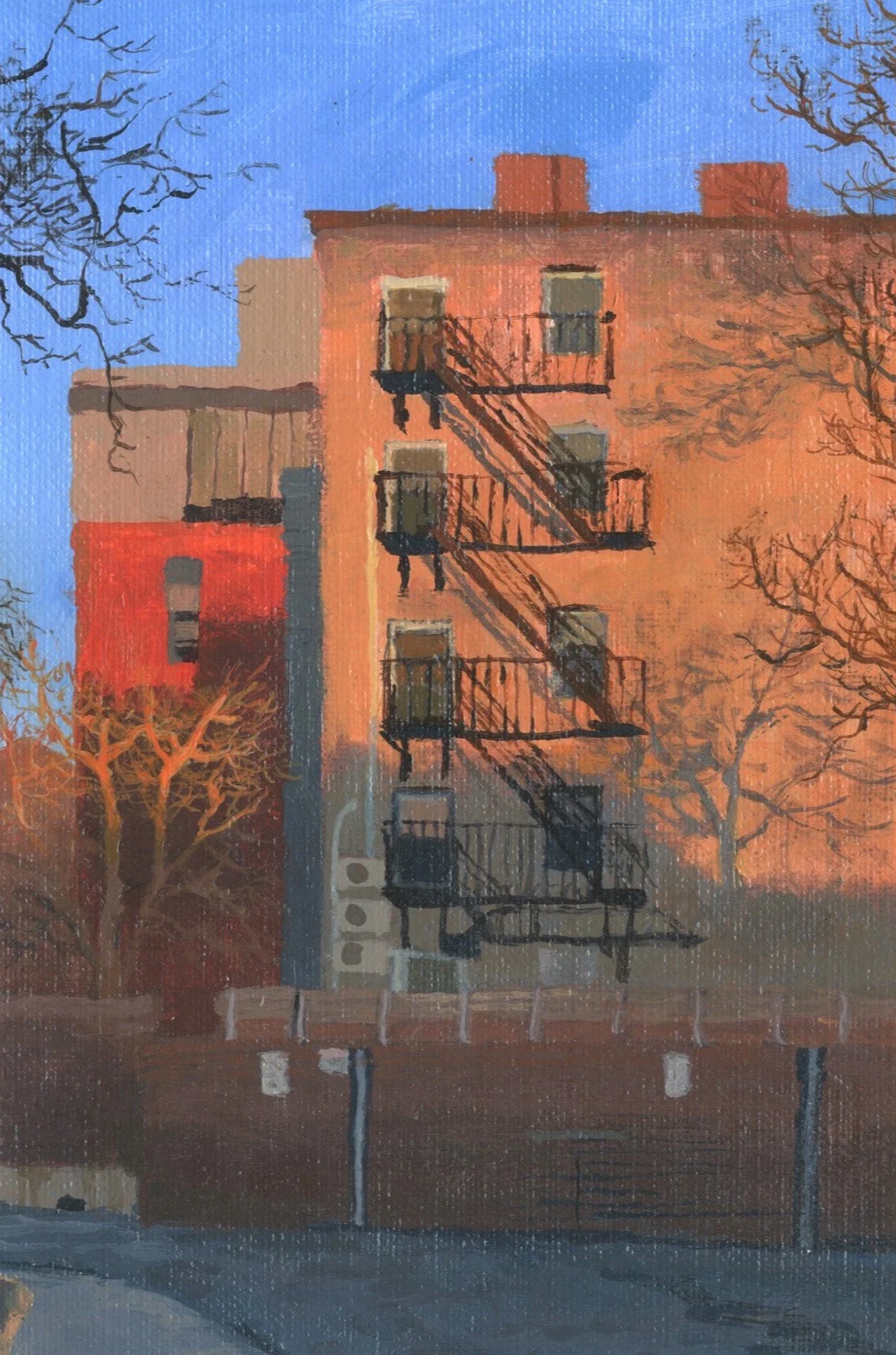 "Daybreak, St. Alphonsus Street," Acrylic on canvas paper, 4"x6", 2024 
