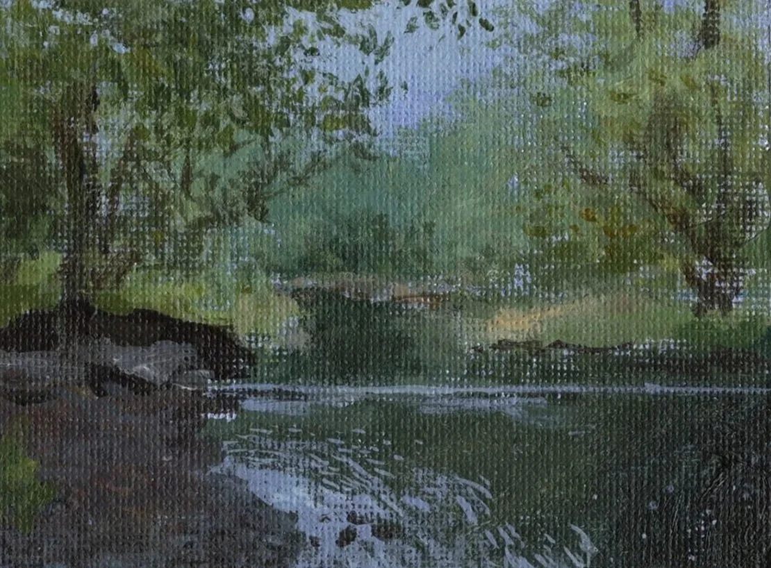 "Souadabscook Stream, summer twilight," Acrylic on canvas paper, 2"x3", 2023