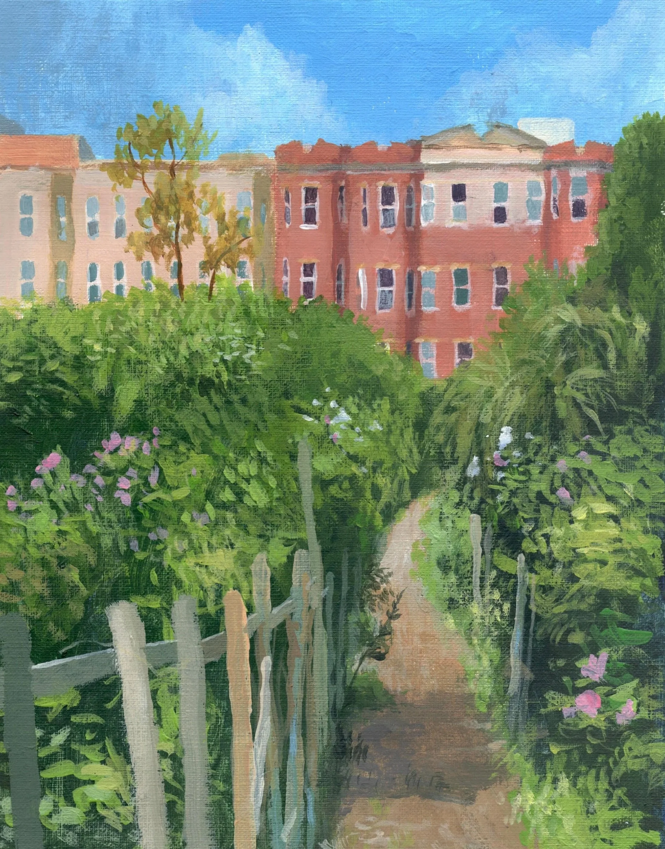 "Fenway Victory Gardens, facing Boylston Street," Acrylic on canvas paper, 7.5"x9.5", 2025 