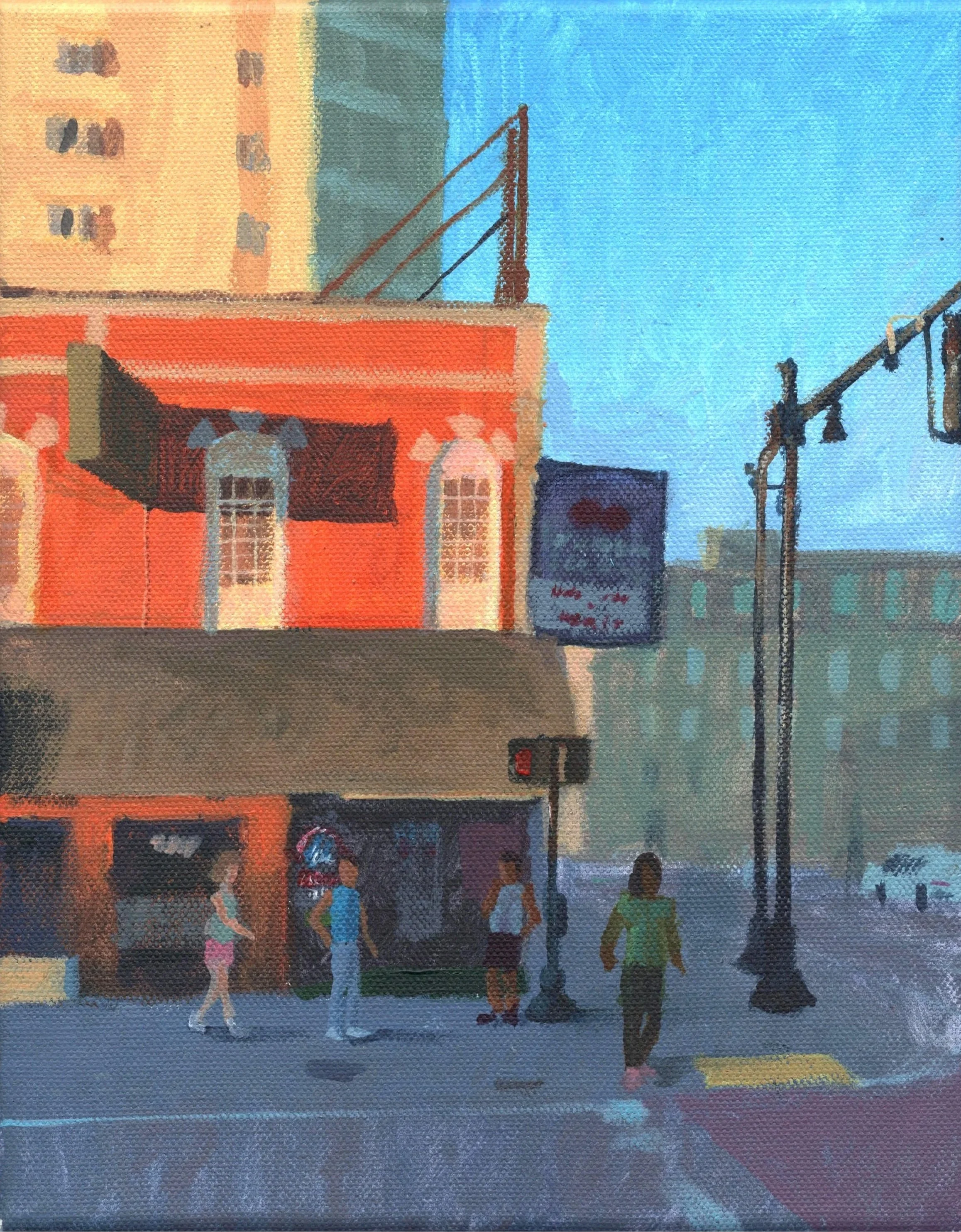 "Kirsch Liquors, spring evening," Acrylic on canvas, 8"x10", 2025 (sold)