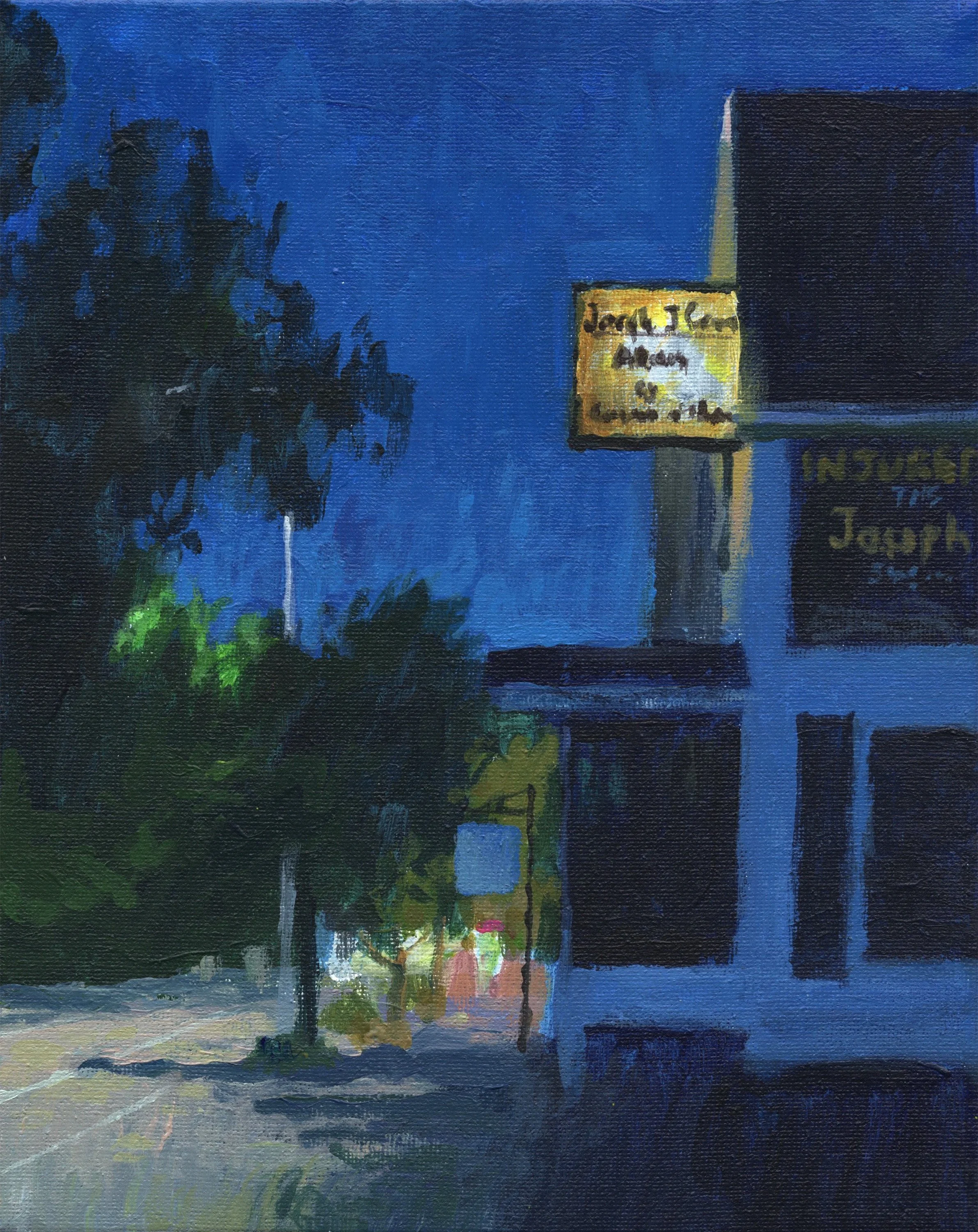"Lincoln St, twilight," Acrylic on canvas, 8"x10", 2026