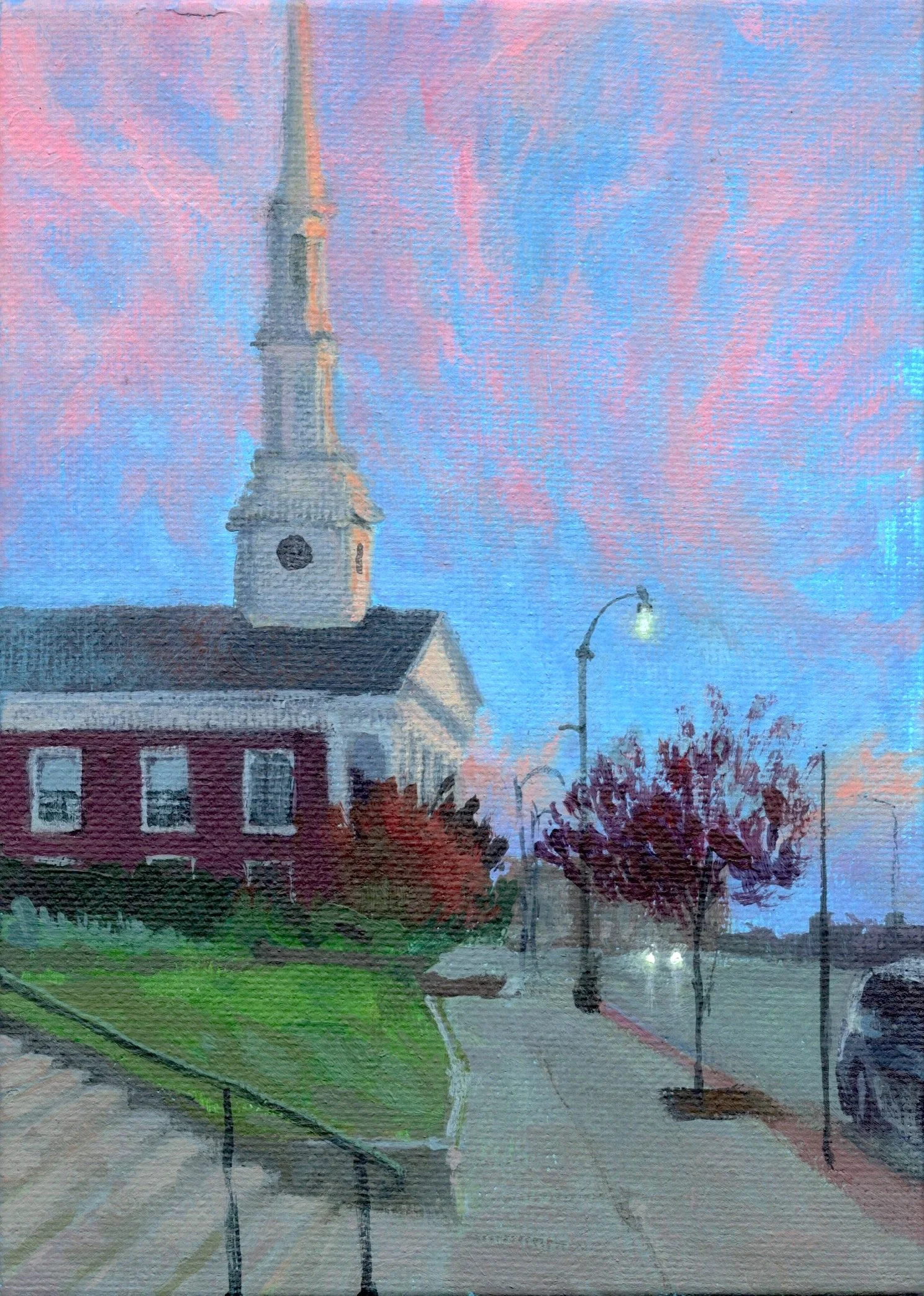 "October morning, Main street," Acrylic on canvas panel, 5"x7", 2025