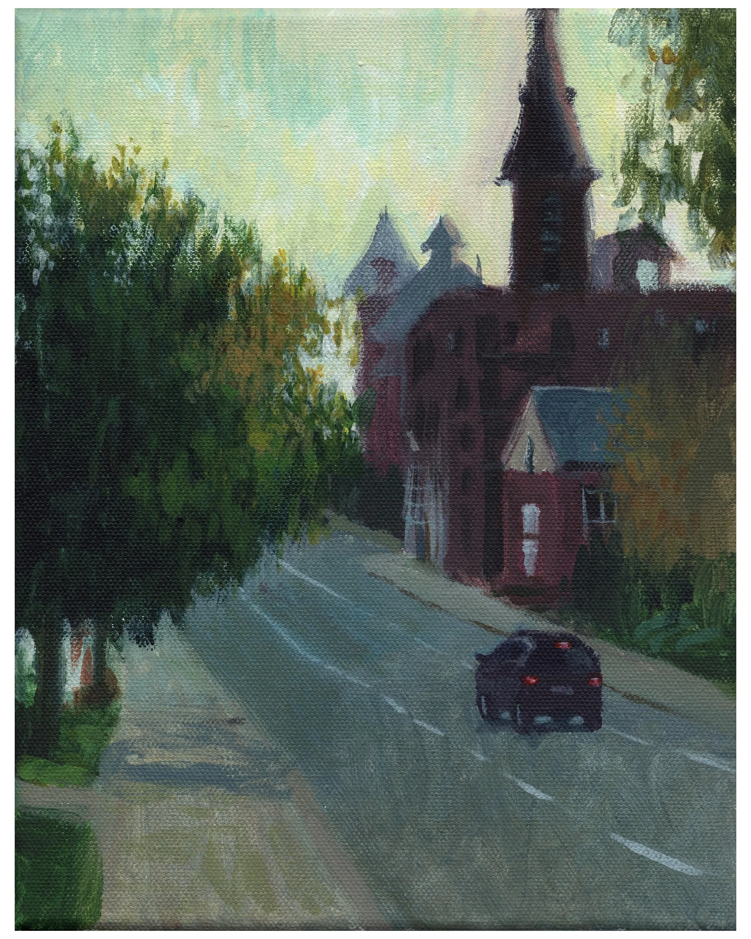 "Linden street, fall evening," Acrylic on canvas, 8"x10", 2025