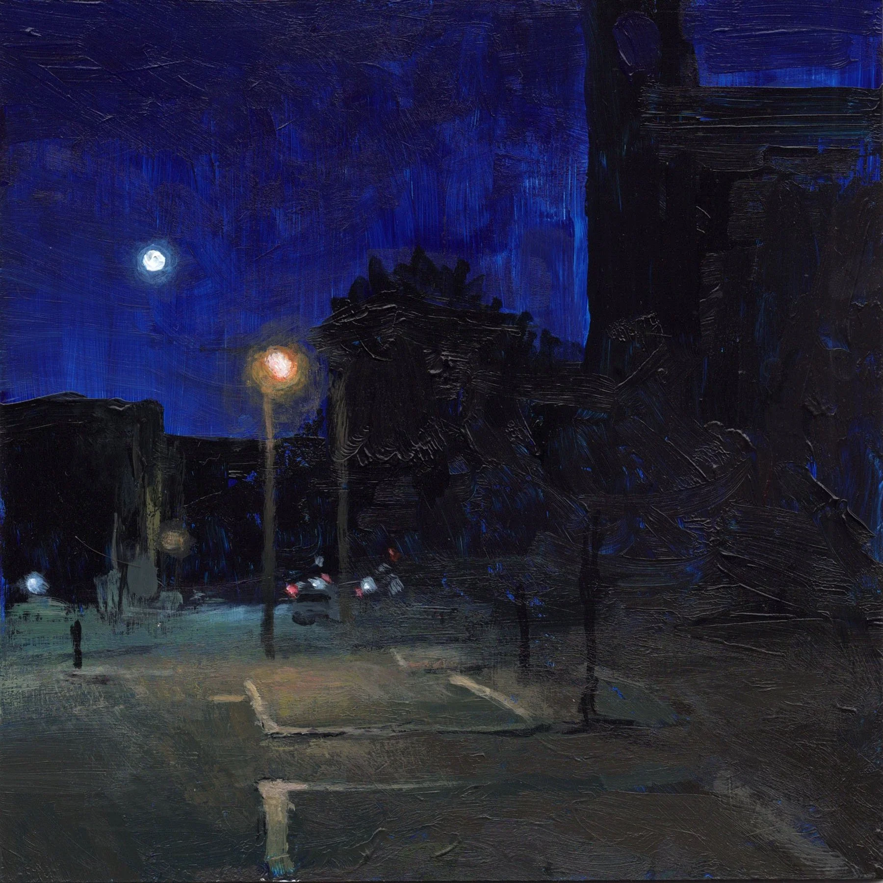 "Moon over Grove Street," Acrylic on panel, 6"x6", 2024