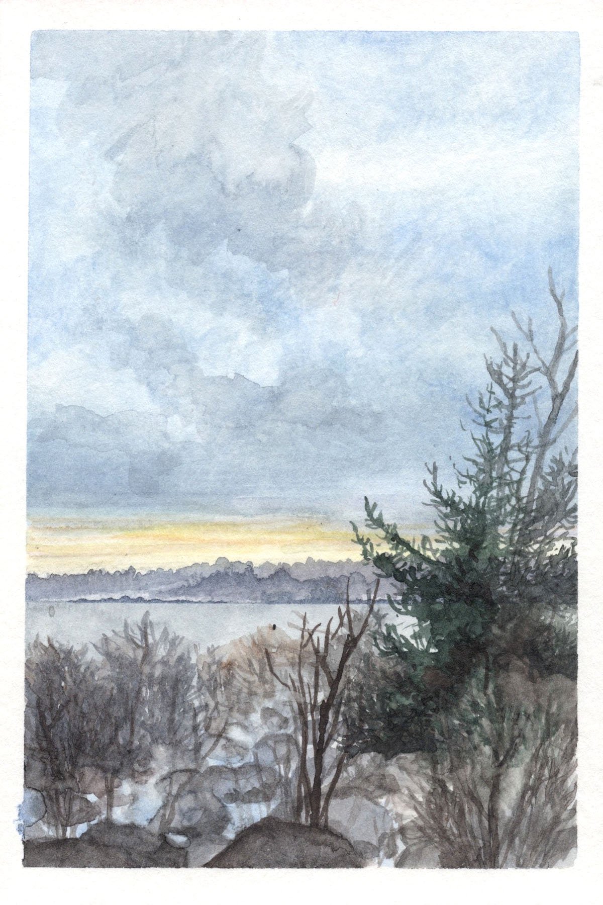 "Winter horizon, Seans Island," Watercolor on paper, 4"x6", 2022