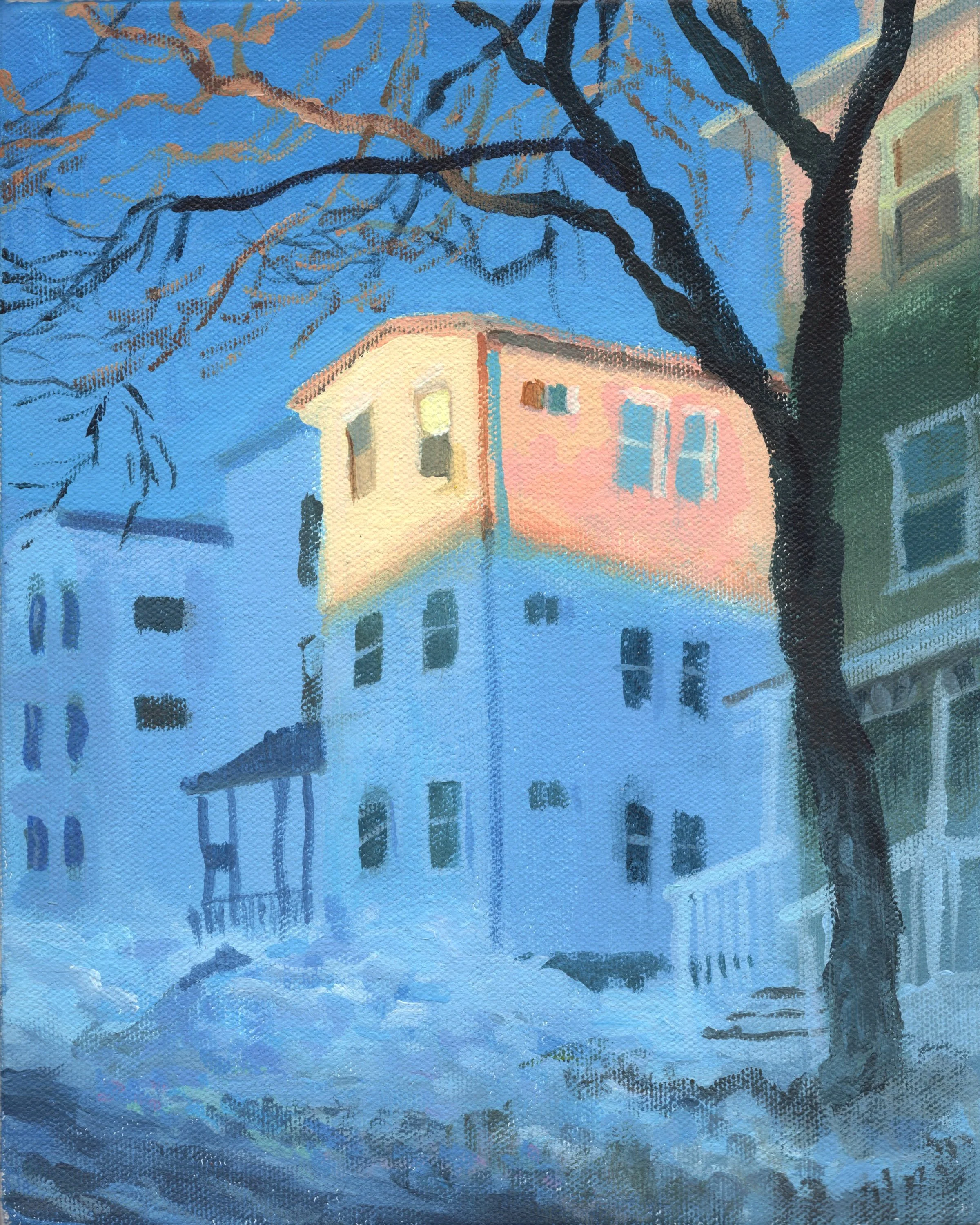 "Millbury St, Winter Night," Acrylic on canvas, 8"x10", 2026