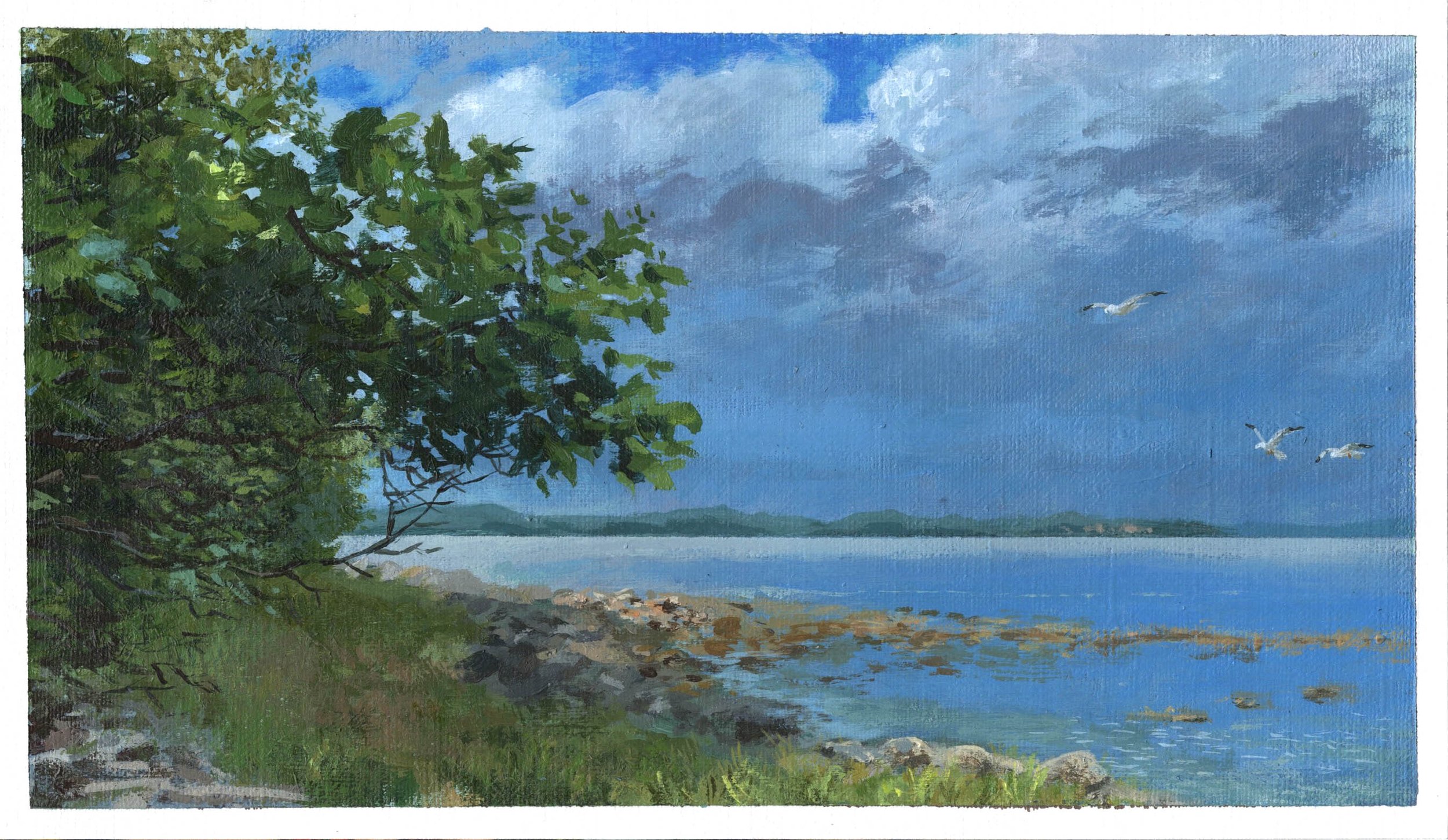 "Sears Island Sun," Acrylic on canvas paper, 5.25"x9", 2023