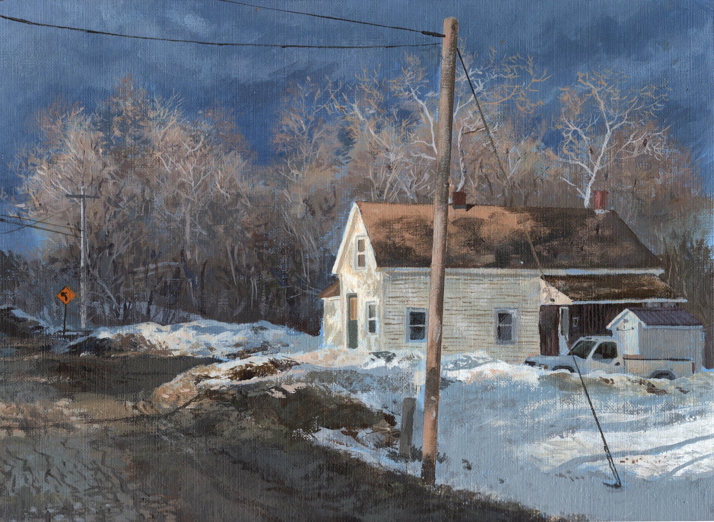 "Winter evening on Dixmont Road," Acrylic on canvas paper, 9"x12", 2023