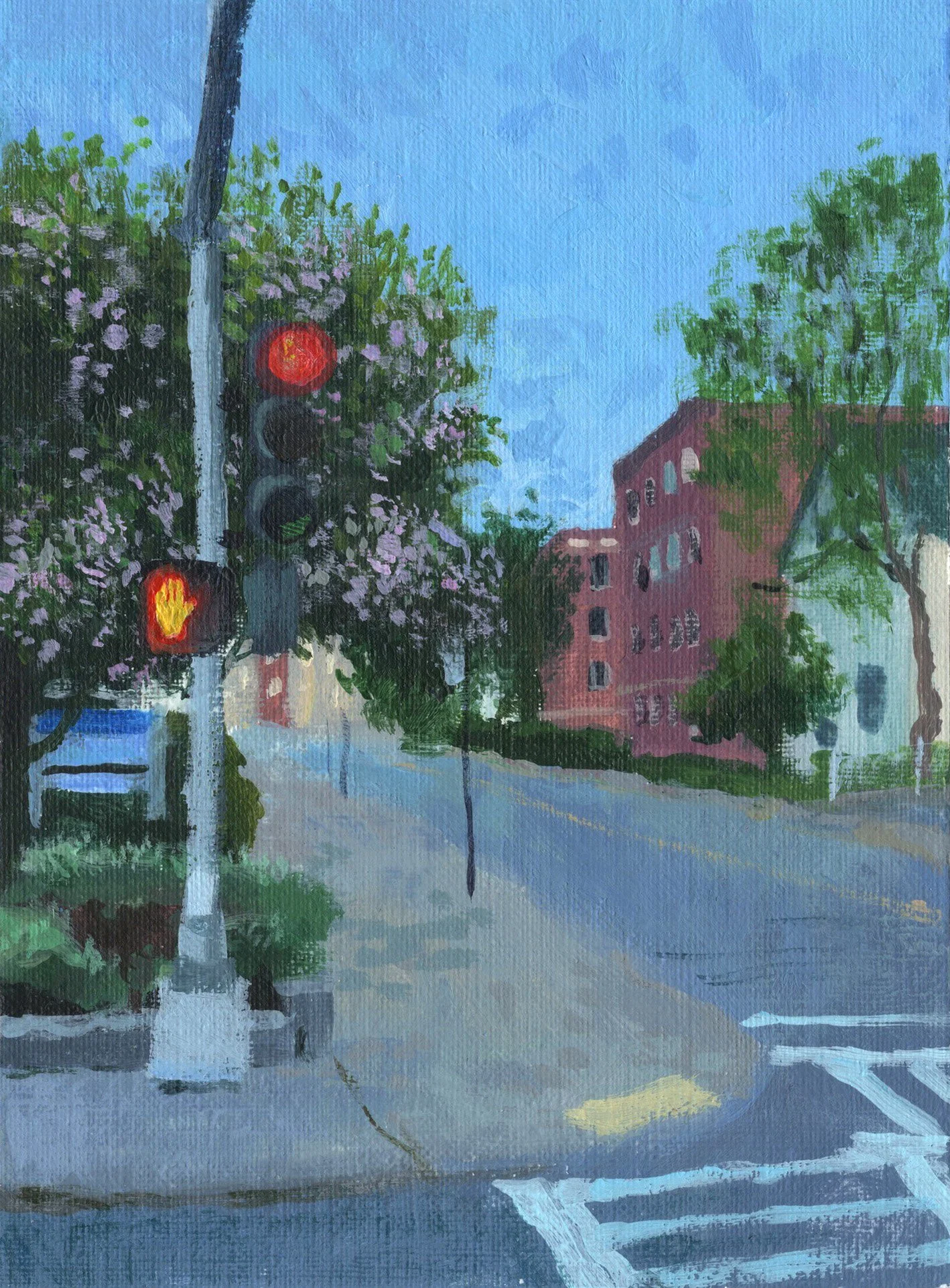 "Walking Home, Elm Street," Acrylic on canvas paper, 5"x7", 2025