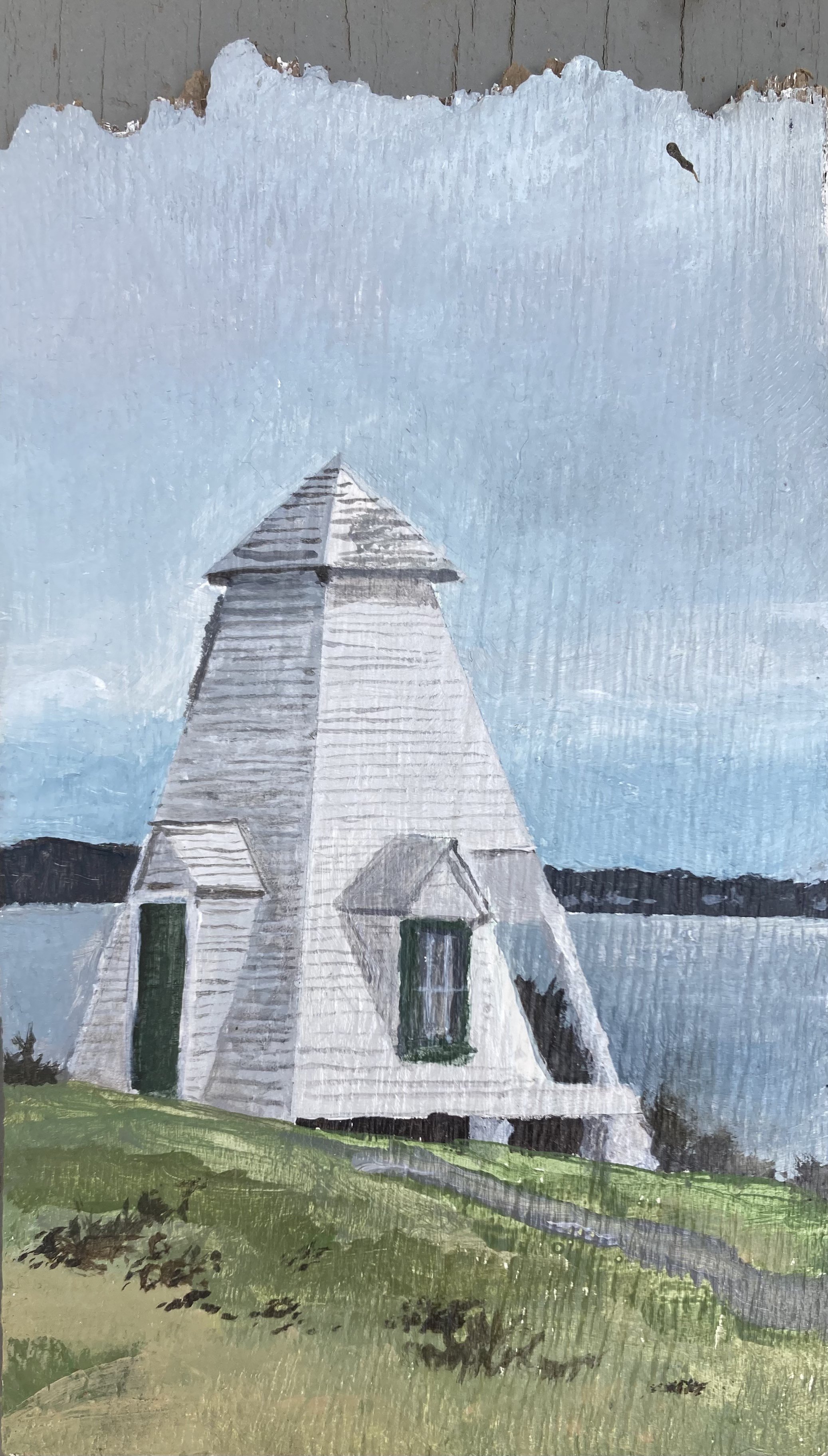 "Fort Point Bell House," Acrylic on wood shingle from pictured bell house, roughly 5"x7", 2022 