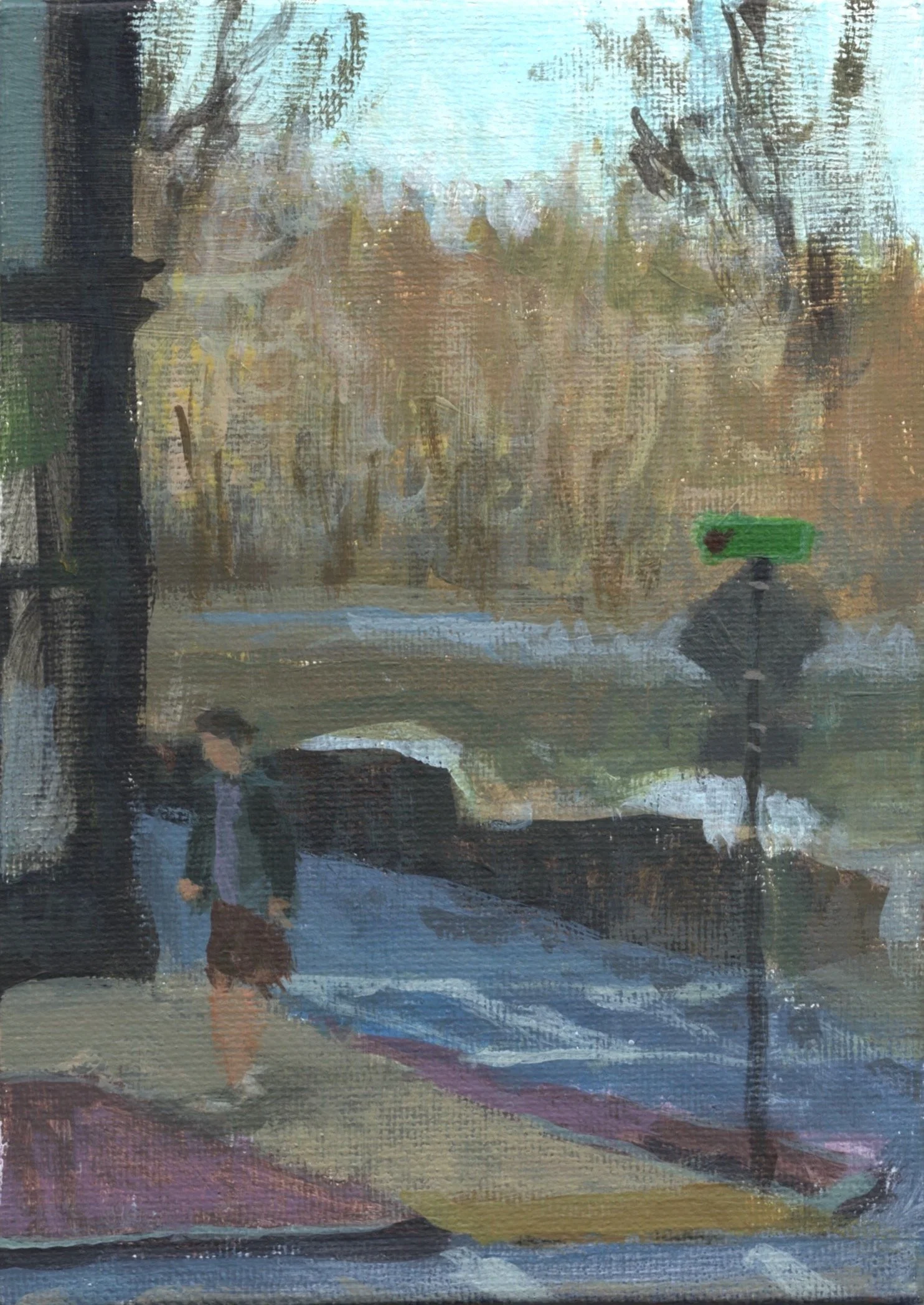 "Main street, summer afternoon," Acrylic on canvas panel, 5"x7", 2025