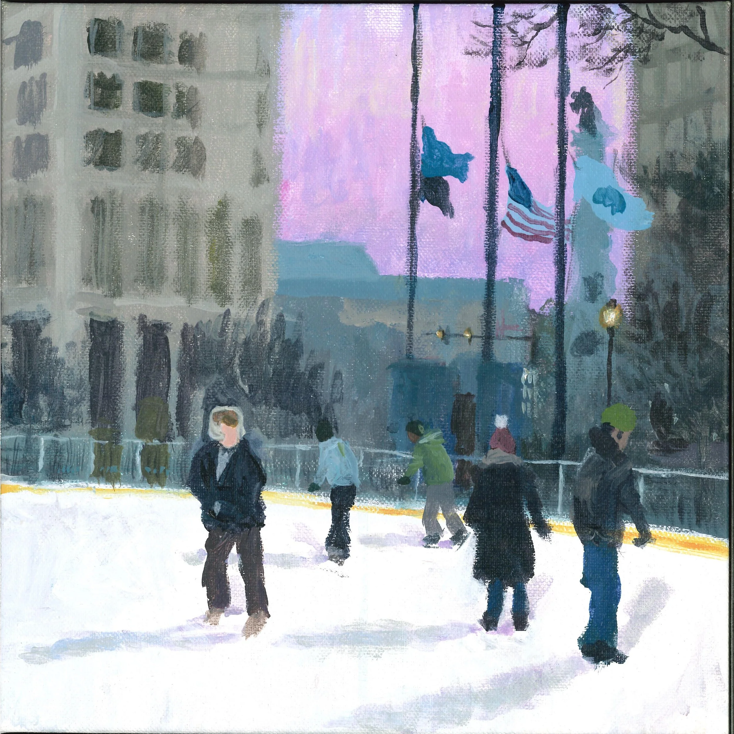 "Skating on Worcester Common," Acrylic on canvas, 10"x10", 2025