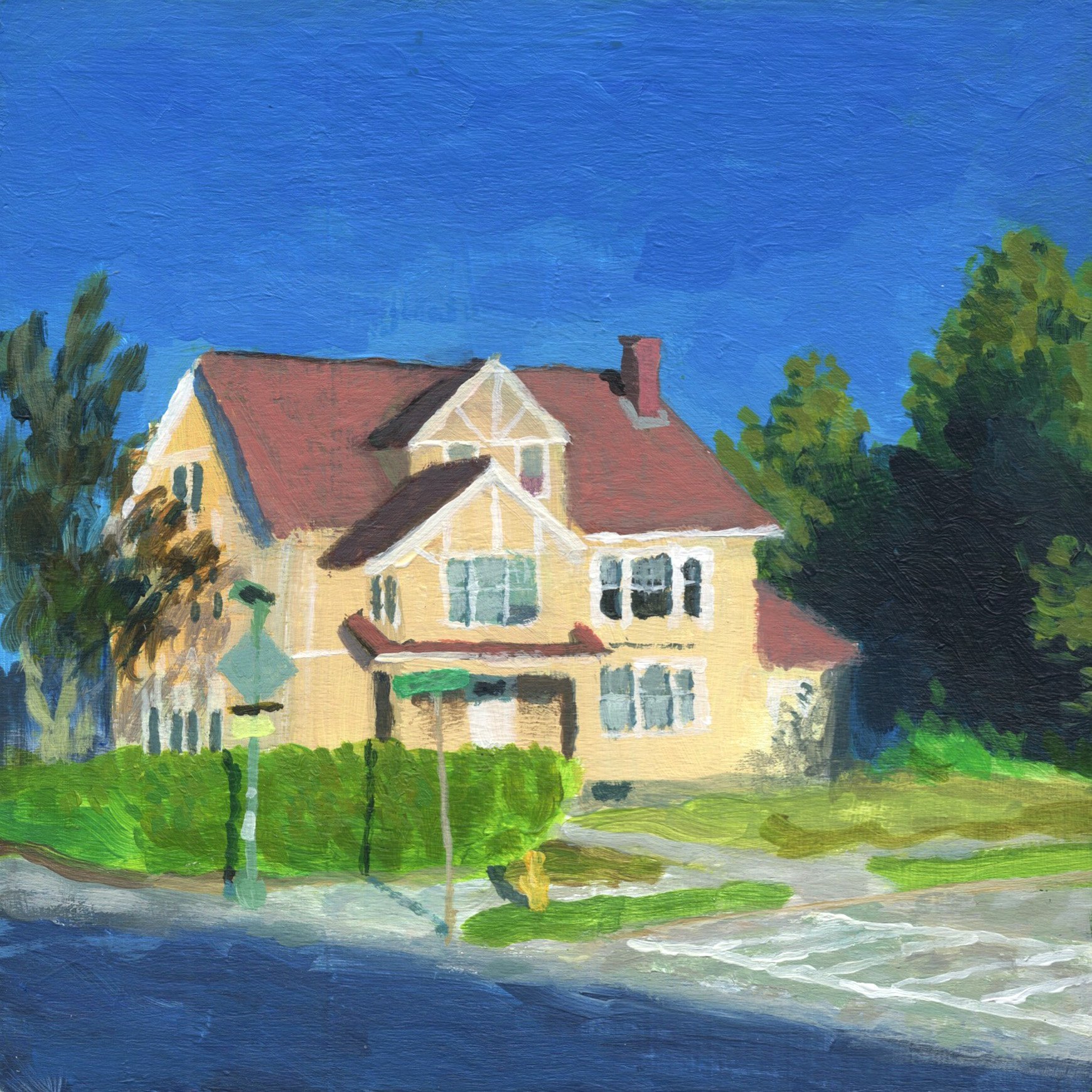 "Golden hour, Highland Street," Acrylic on wood, 5.8"x5.8", 2026
