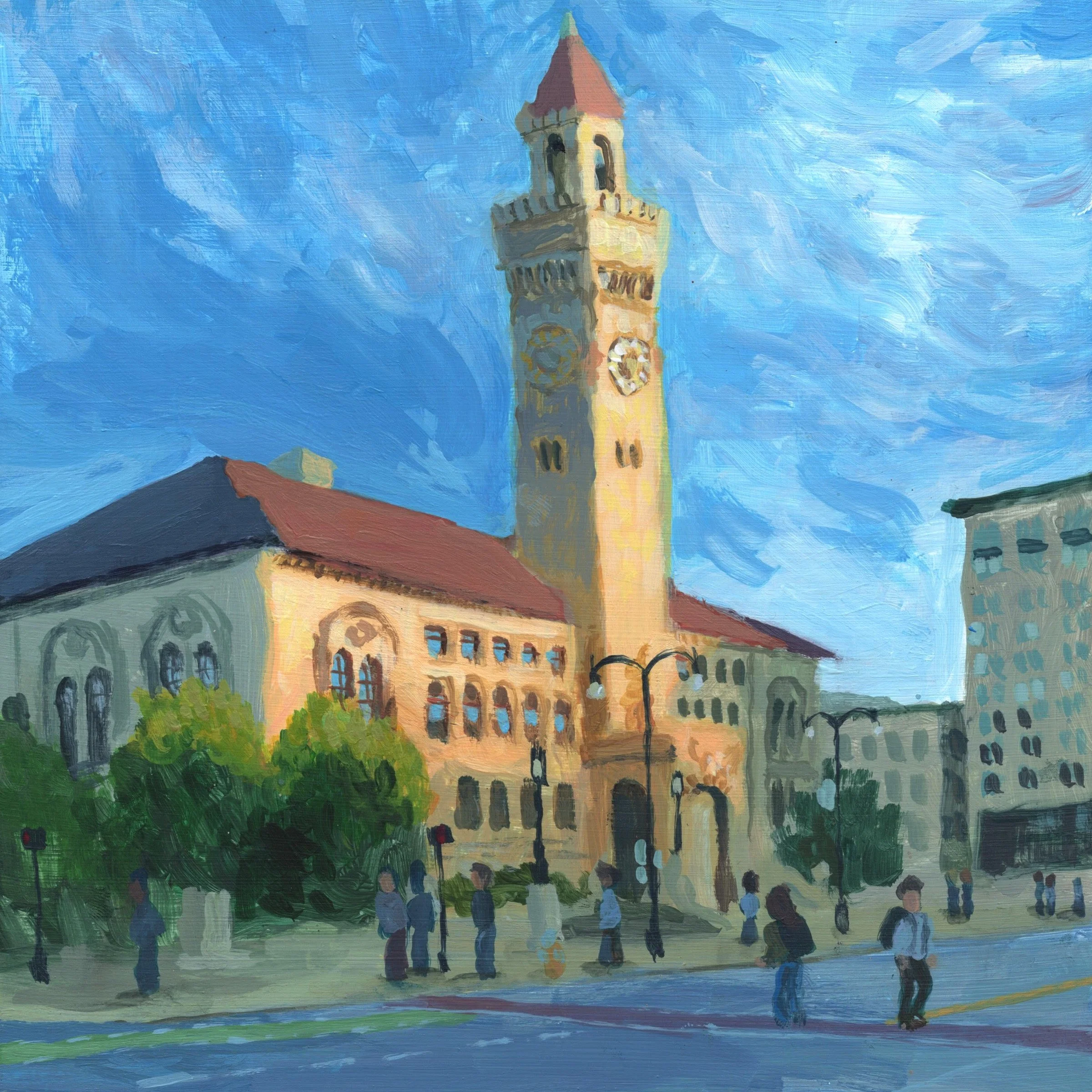"Worcester City Hall," Acrylic on panel, 8"x8", 2026 (sold)