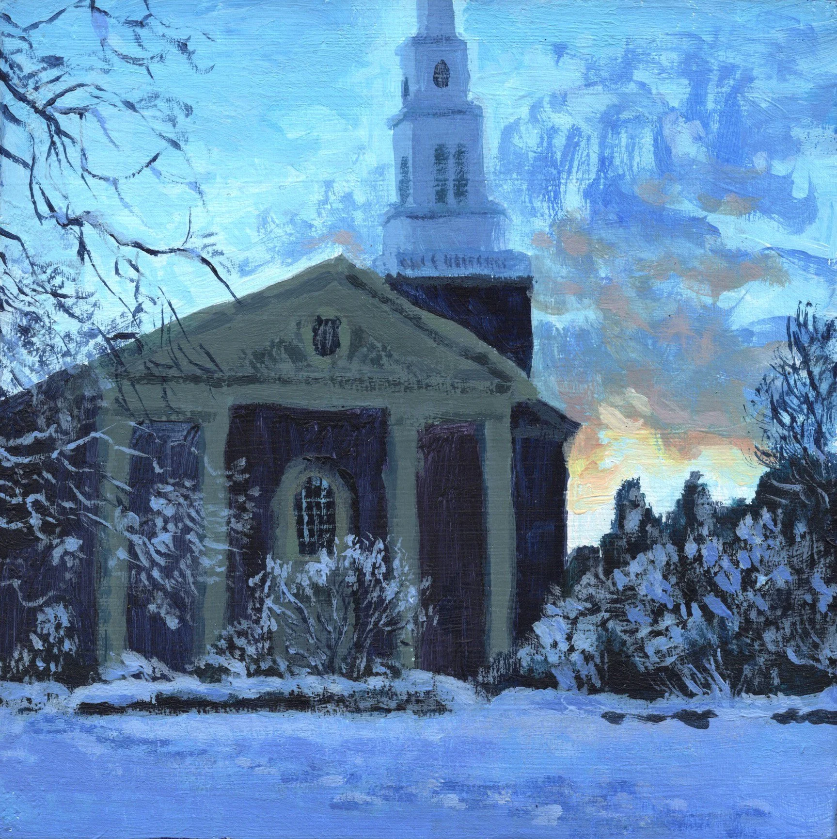 "Winter Sunset, First Baptist Church," Acrylic on wood panel, 5.8"x5.8", 2026 (sold)