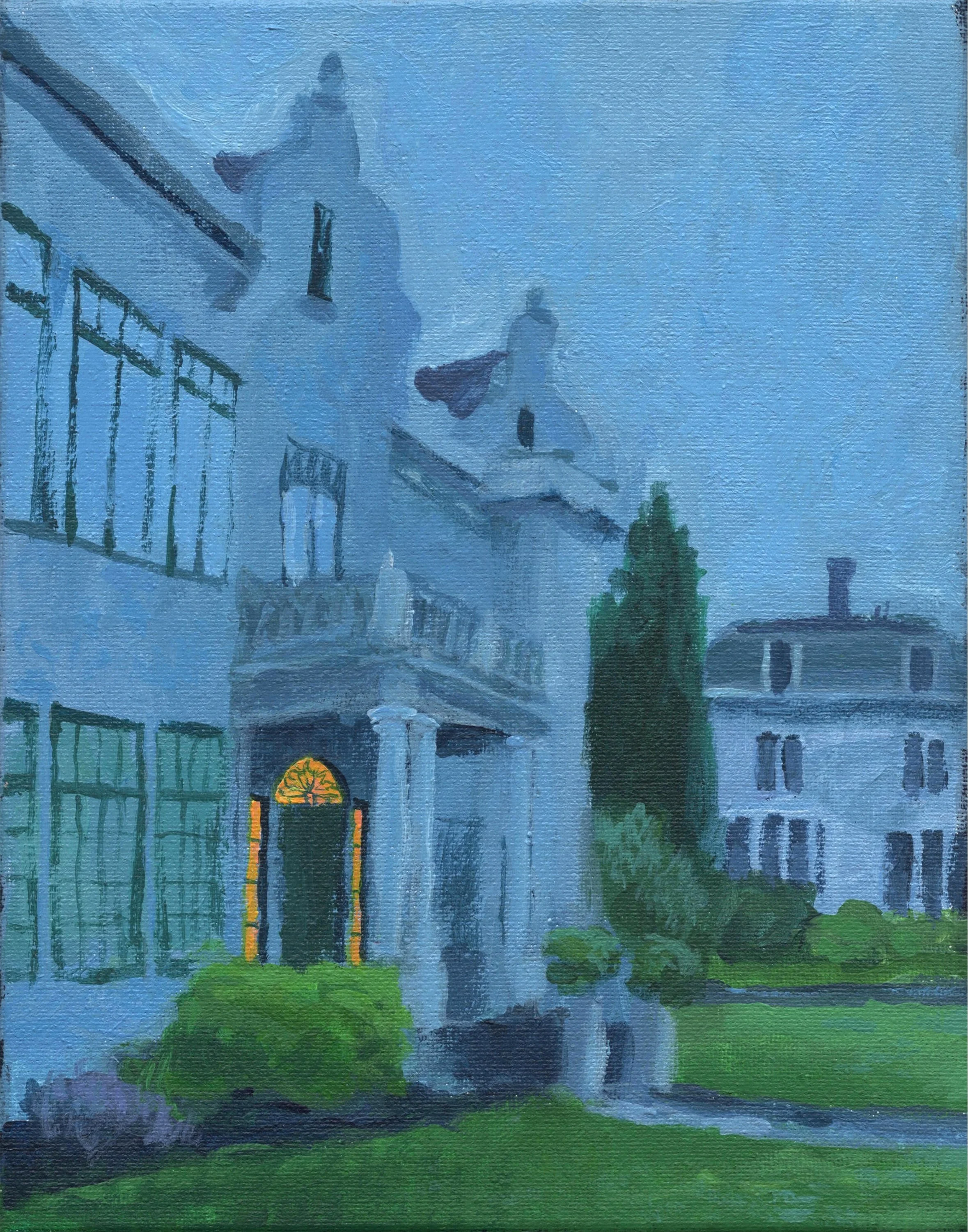 "Dewey Mansion, rainy evening," Acrylic on canvas, 8"x10", 2026