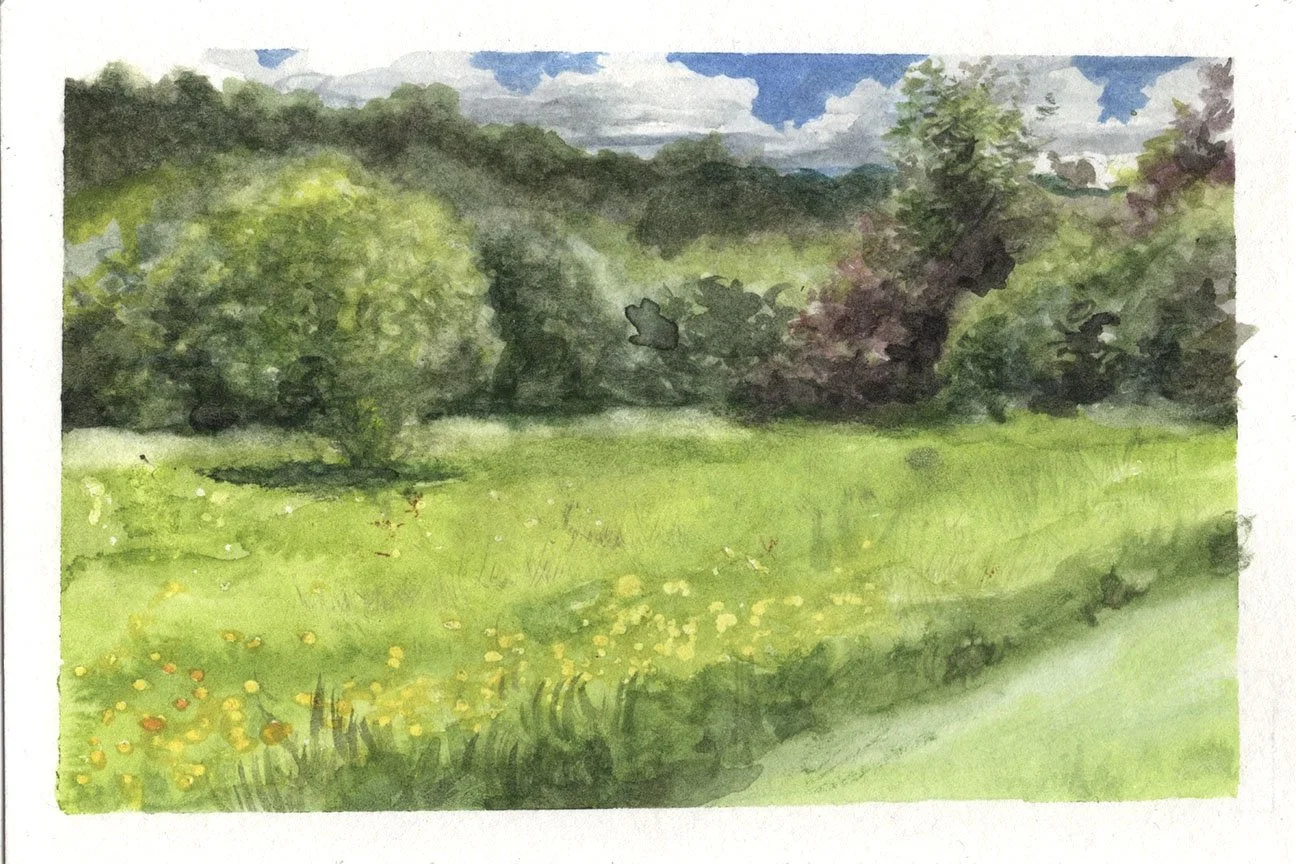 "Fields Pond Sun," Watercolor on paper, 4"x6", 2022