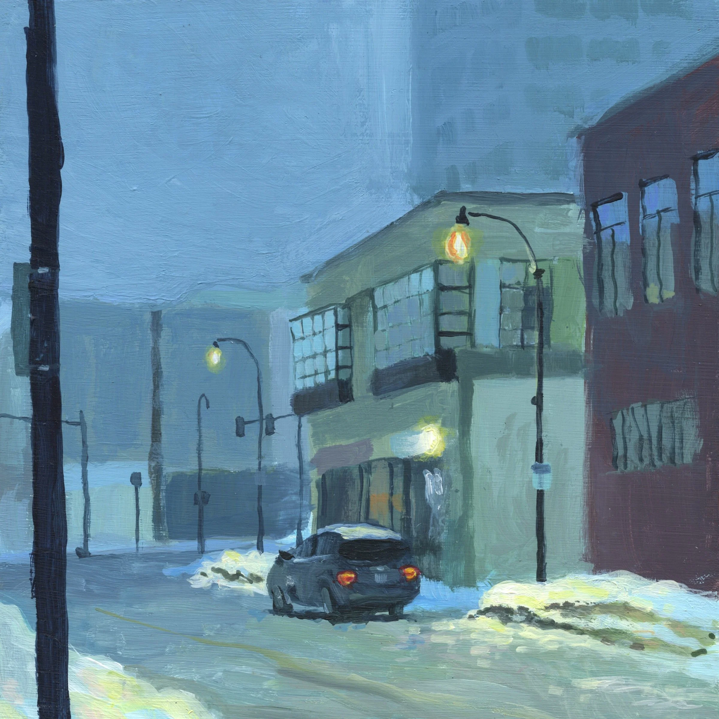 "Mechanic Street, Winter Dusk," Acrylic on wood, 8"x8", 2026