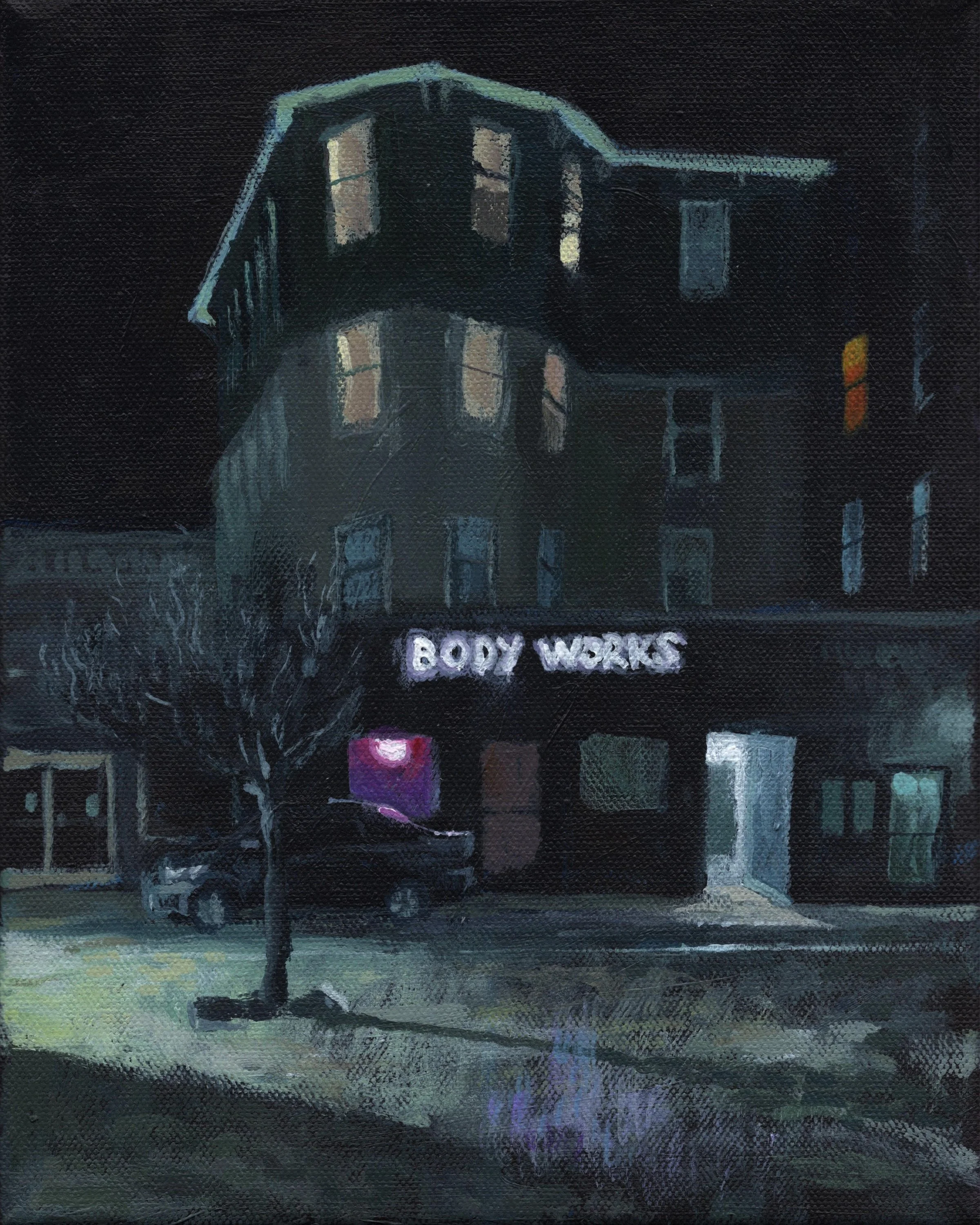 "Millbury Street, winter night," Acrylic on canvas, 8"x10", 2026