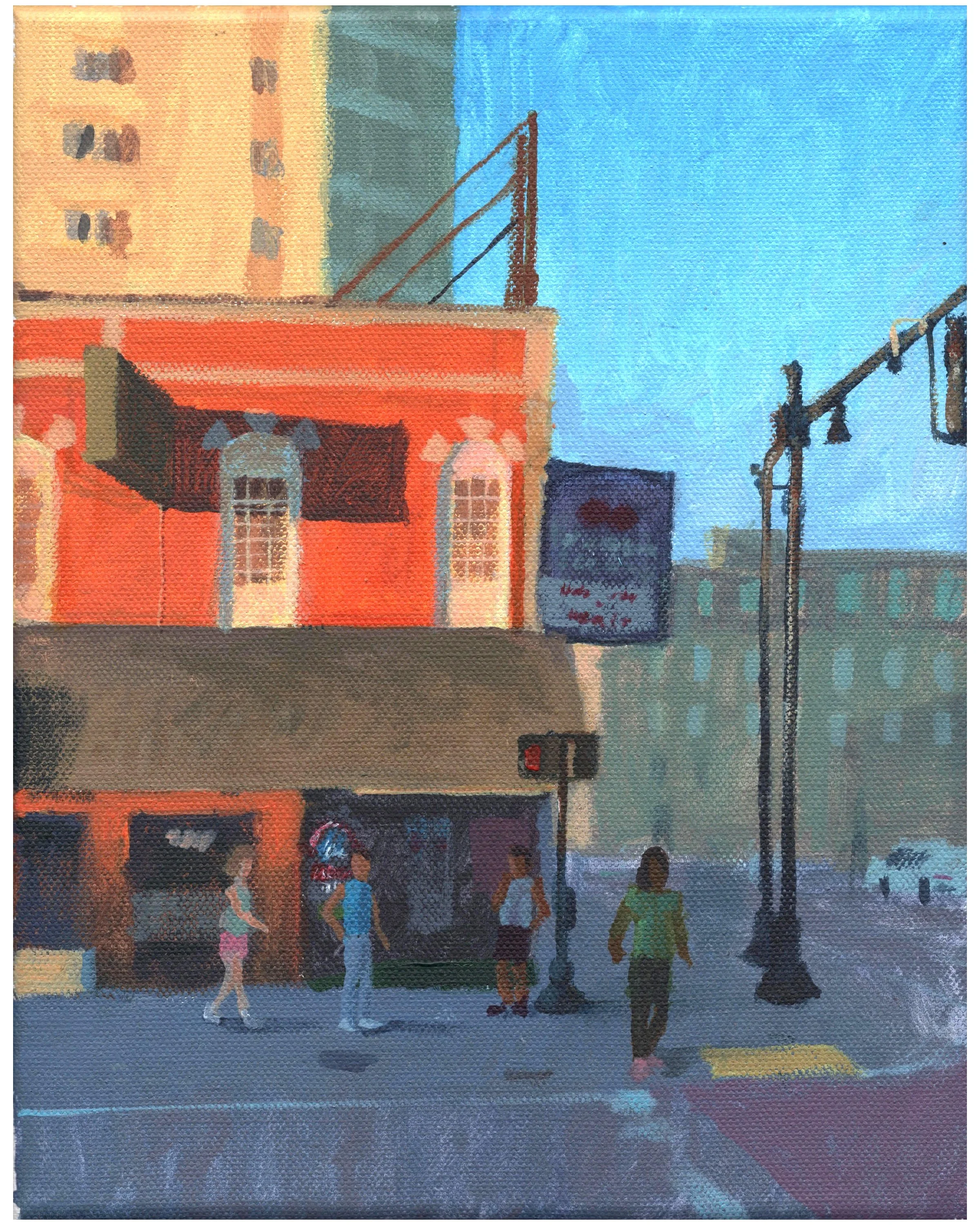 "Kirsch Liquors, spring evening," Acrylic on canvas, 8"x10", 2025