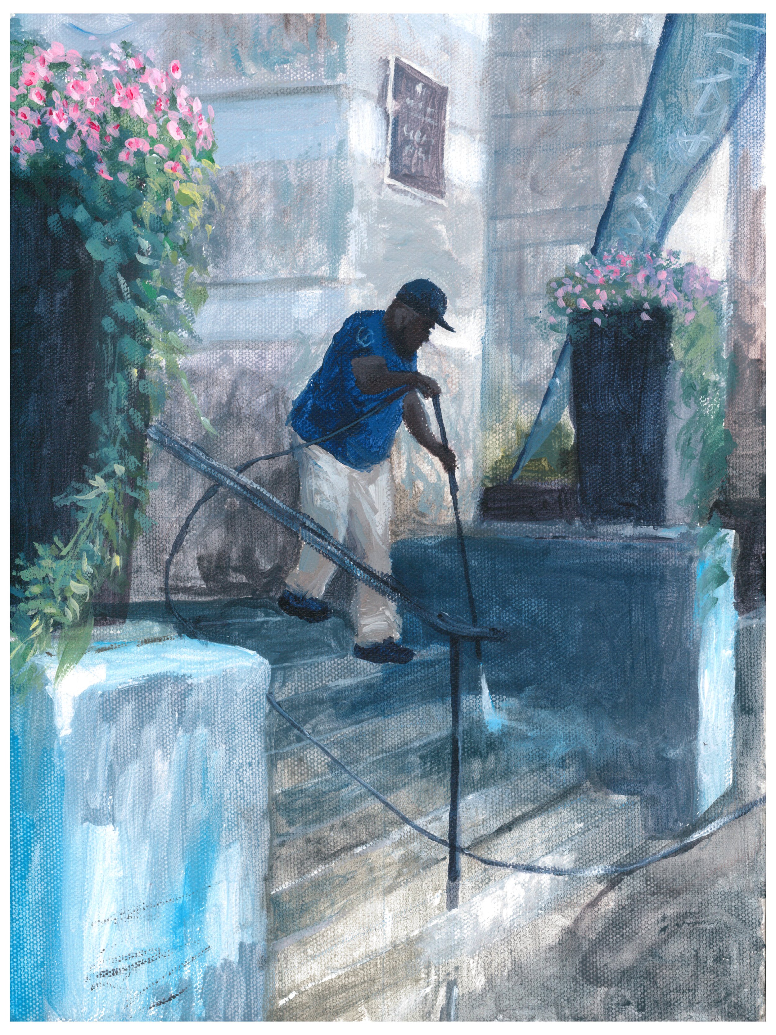 "Power washing Franklin Street," Acrylic on canvas, 9"x12", 2024