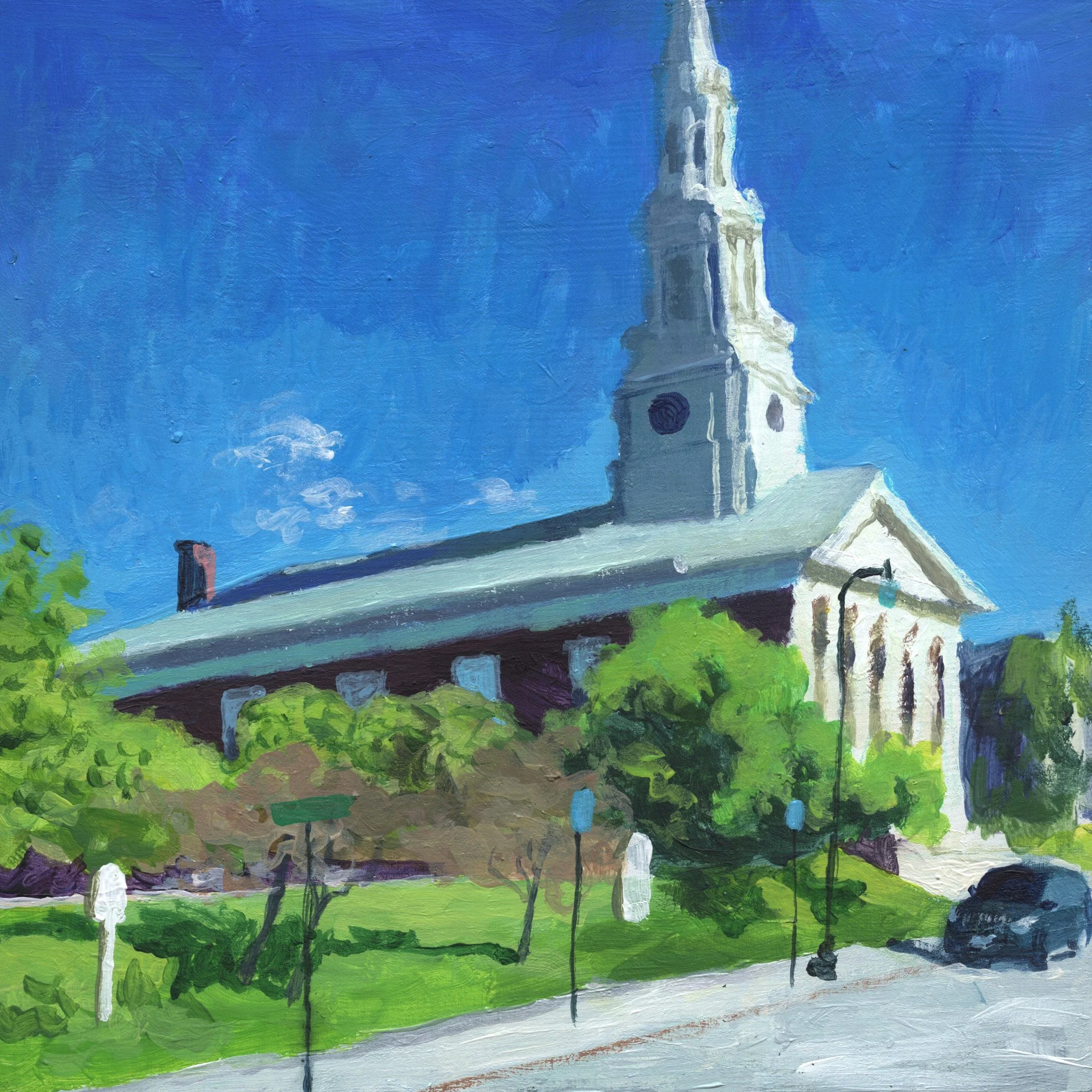 "First Unitarian Church," Acrylic on wood, 8"x8", 2026