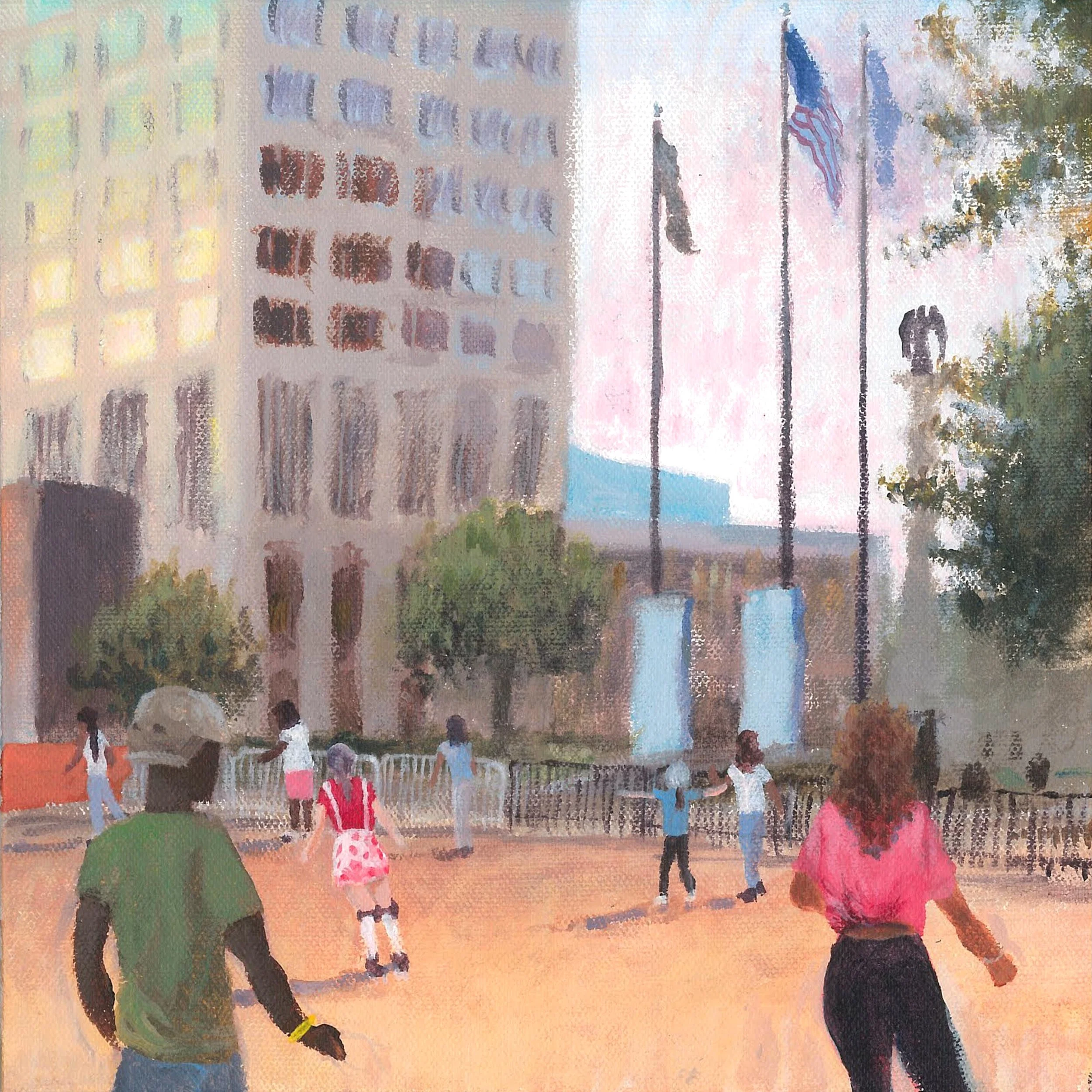 "Rollerblading on Worcester Common," Acrylic on canvas, 10"x10", 2025