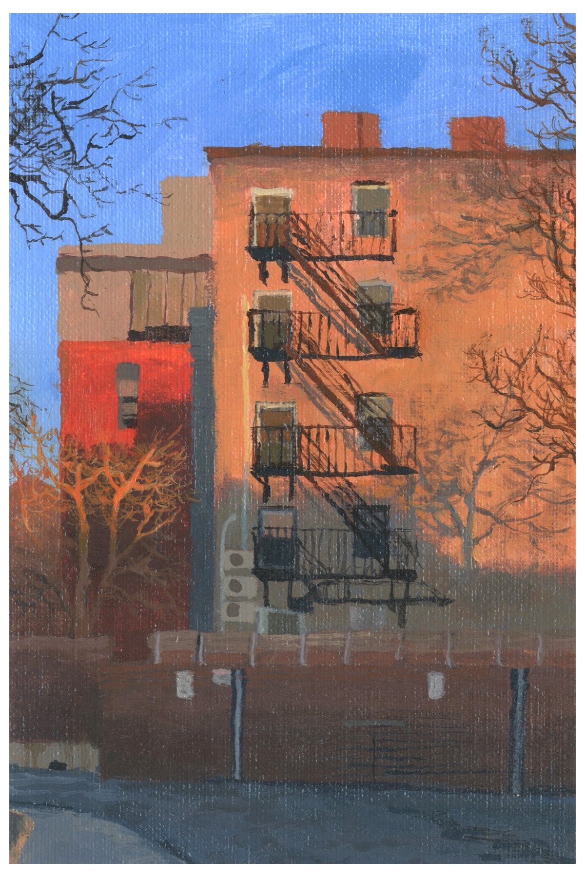 "Daybreak, St. Alphonsus Street," Acrylic on canvas paper, 4"x6", 2024