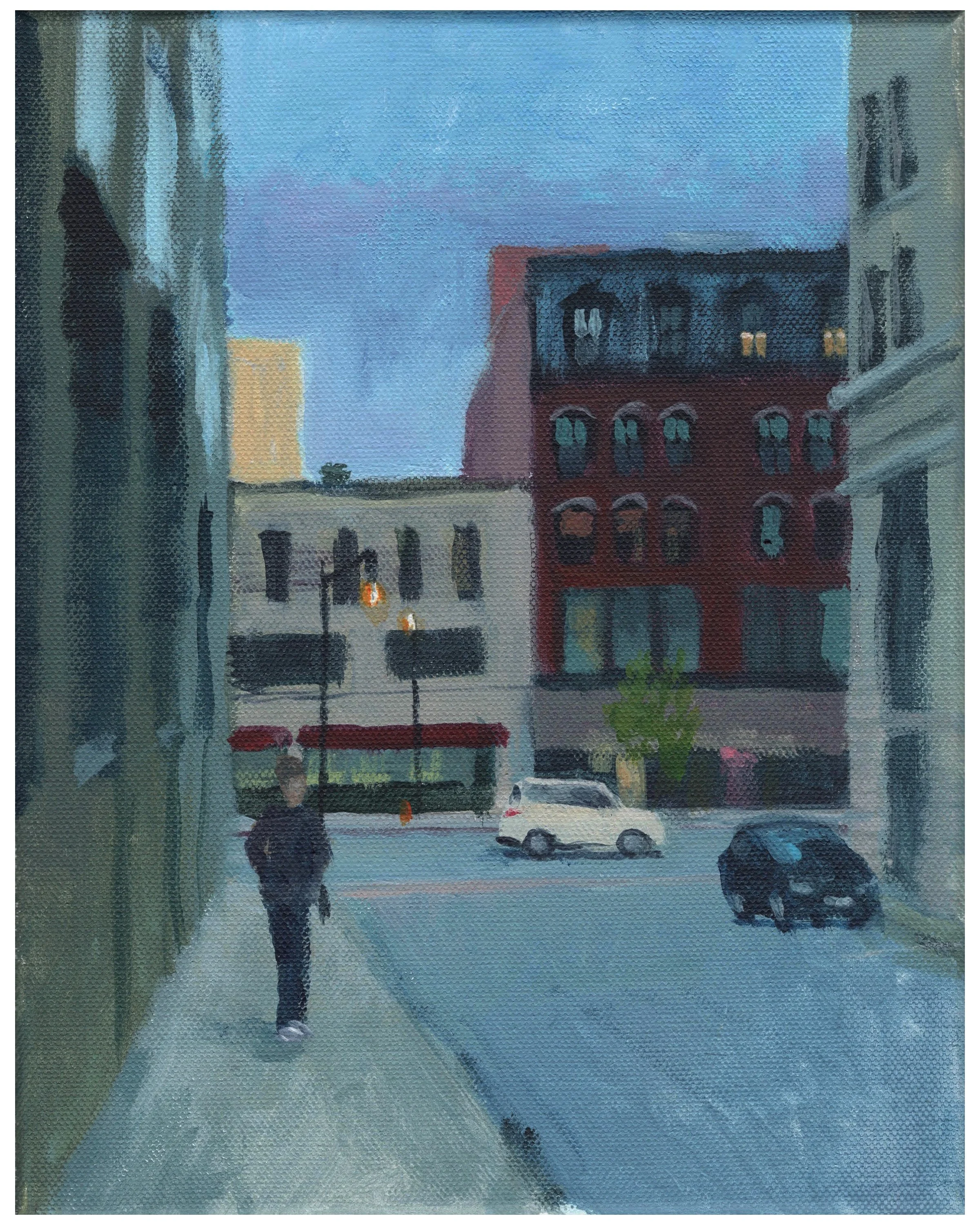 "Elm Street, Dusk," Acrylic on canvas, 8"x12", 2024