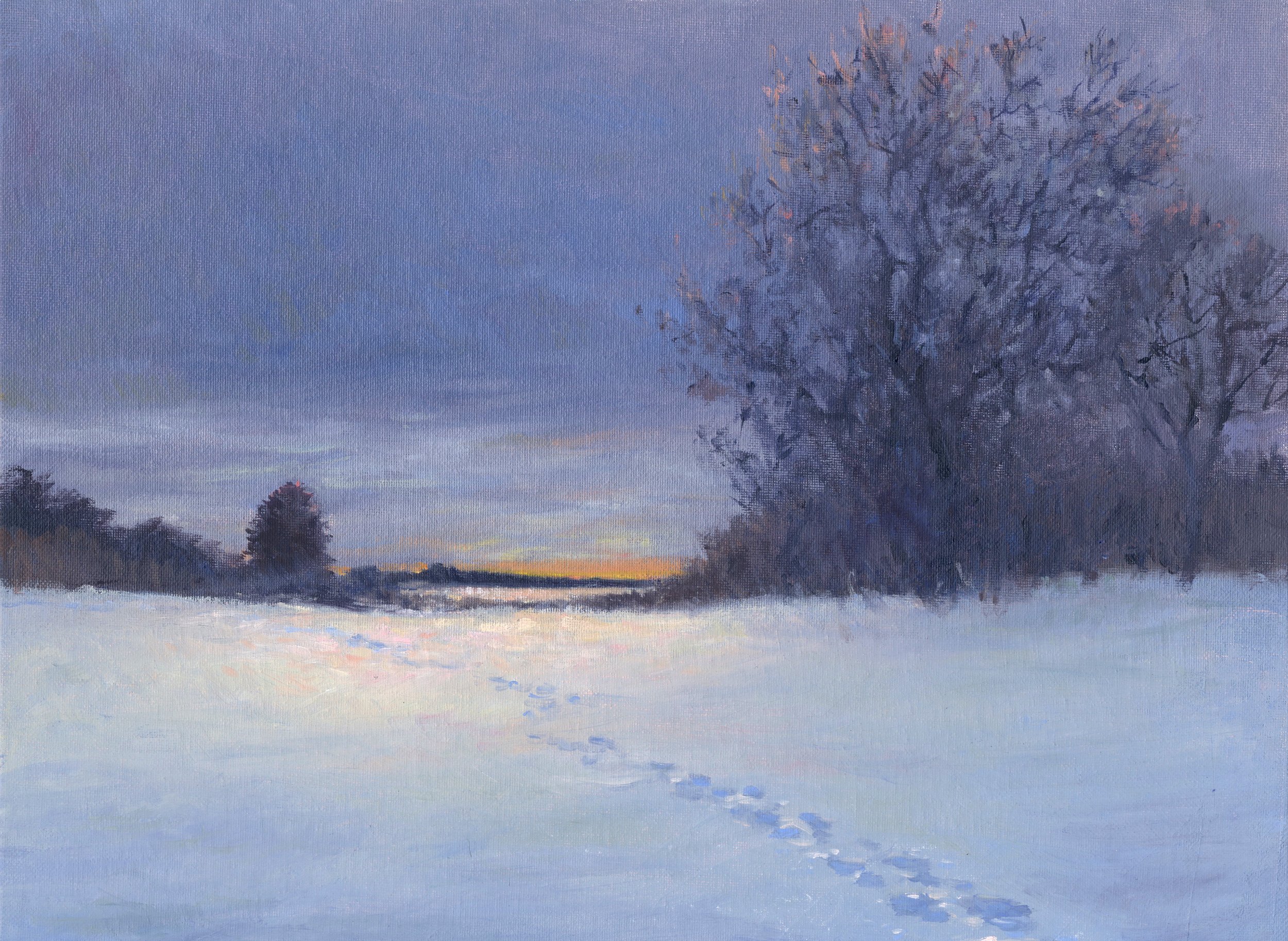 "Fields Pond Sunset," Oil on canvas panel, 12"x16", 2023