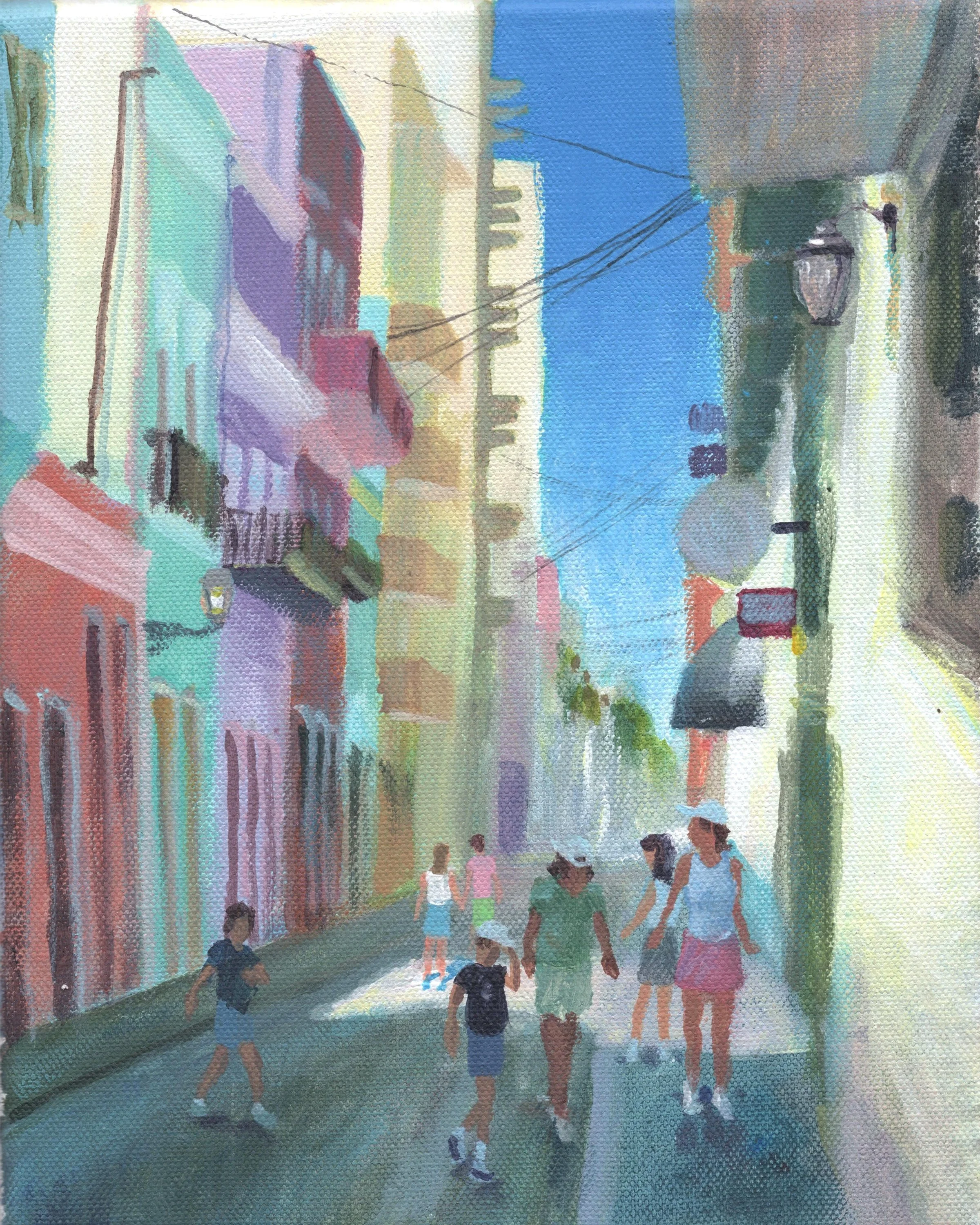 "Calle de Tetuán," Acrylic on canvas, 8"x10", 2025