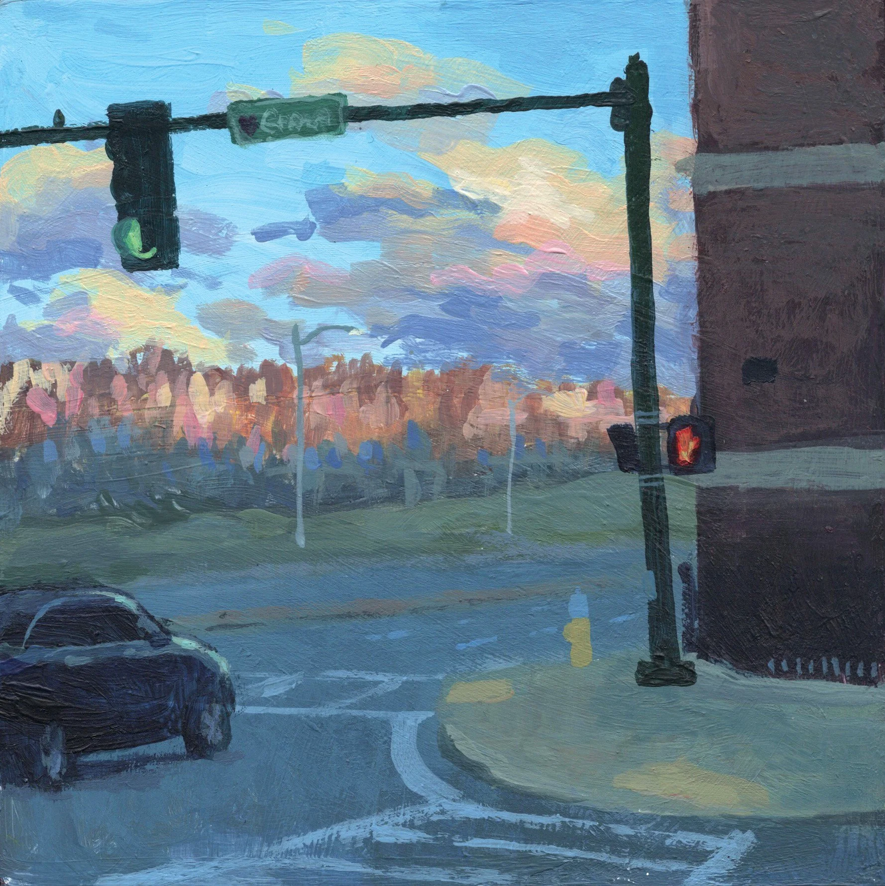 "Last Light, Salisbury Street," Acrylic on wood, 6"x6", 2026 (sold)