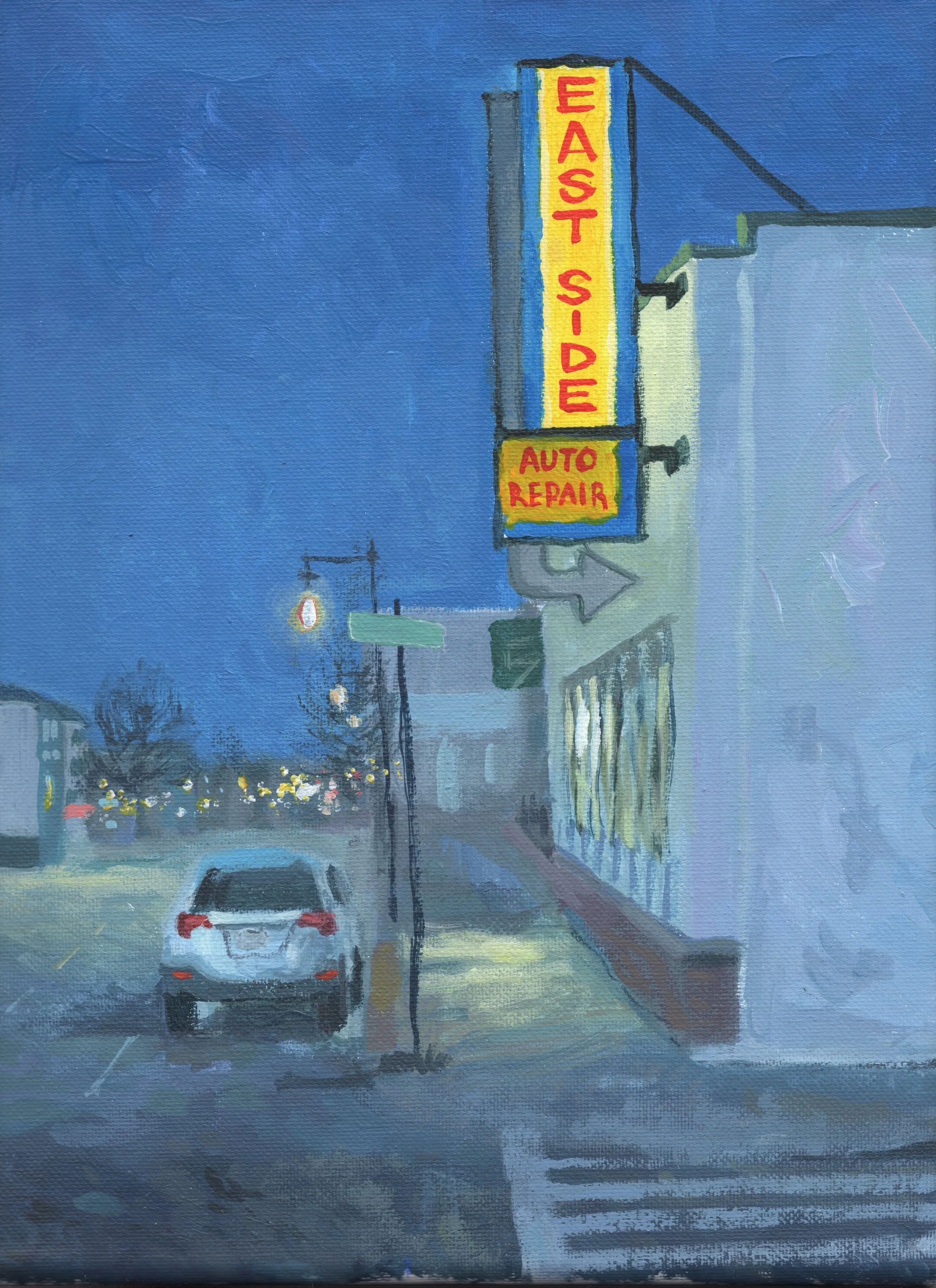 "East Side Auto Repair, Blue Night," Acrylic on canvas, 11"x14", 2026 (sold)